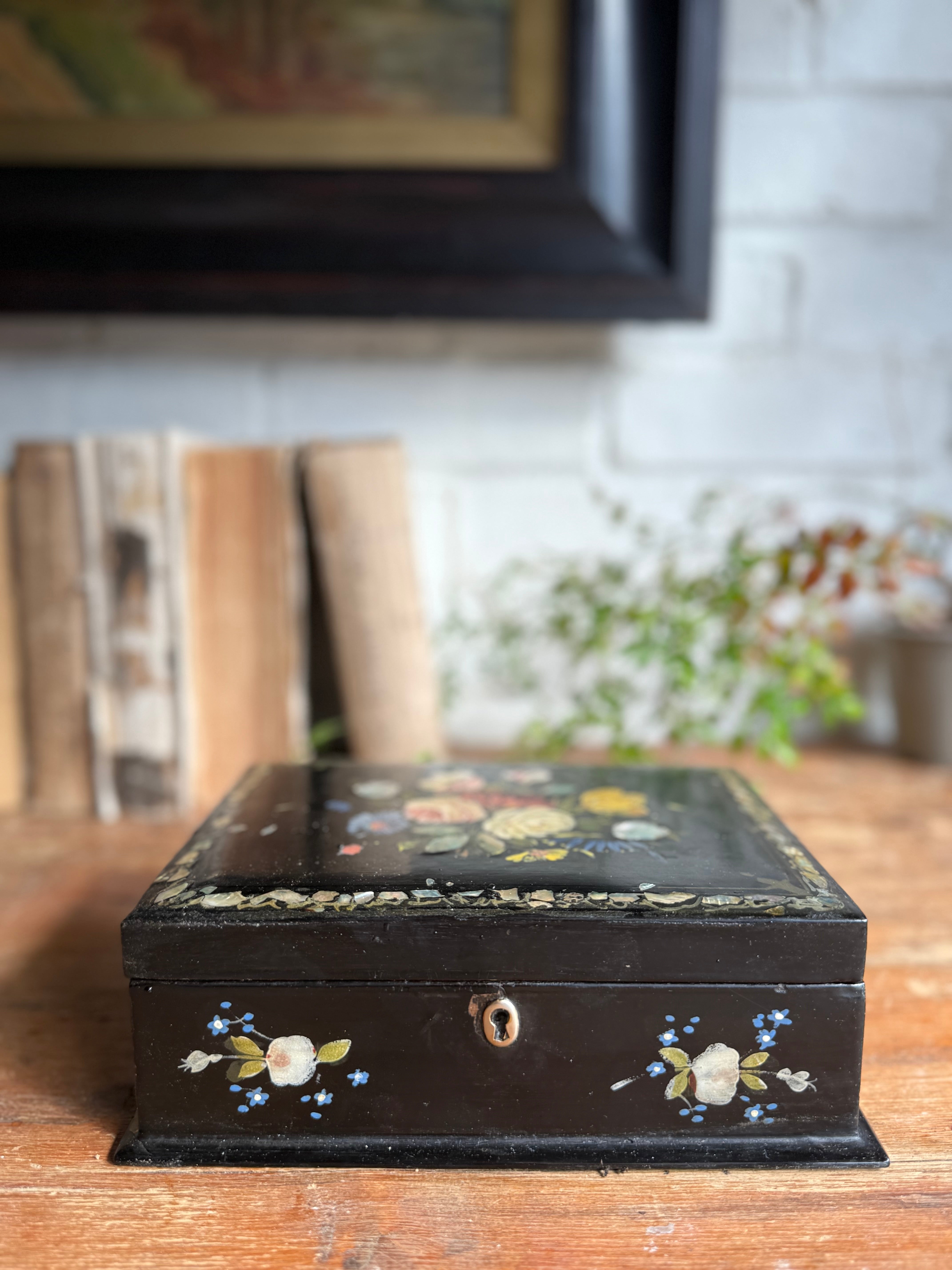 19th Century Hand-Painted Laquered Jewellery Box with Mother of Pearl Inlay