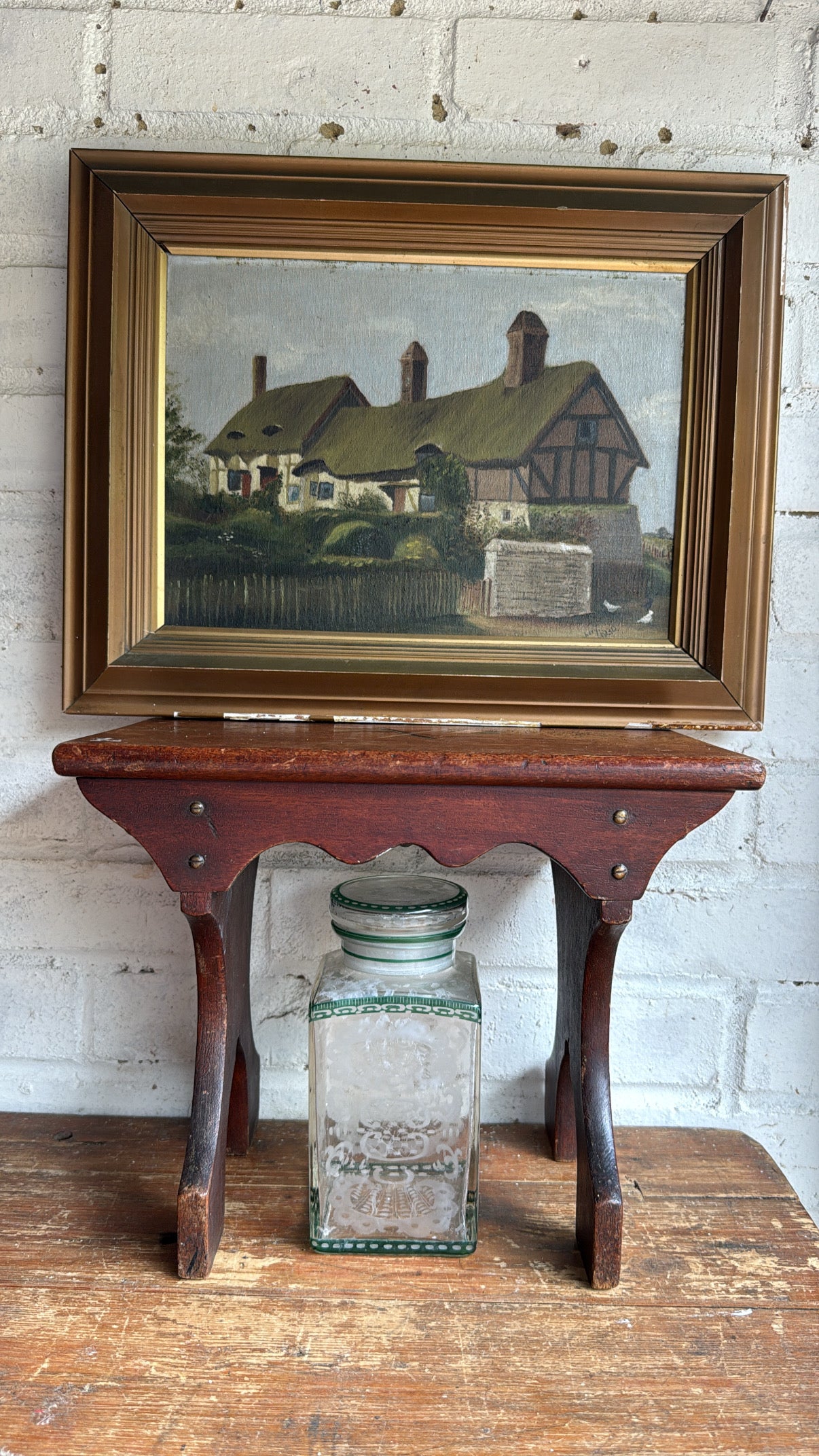 Victorian Etched & Enamelled Glass Bathroom Jar with Lid