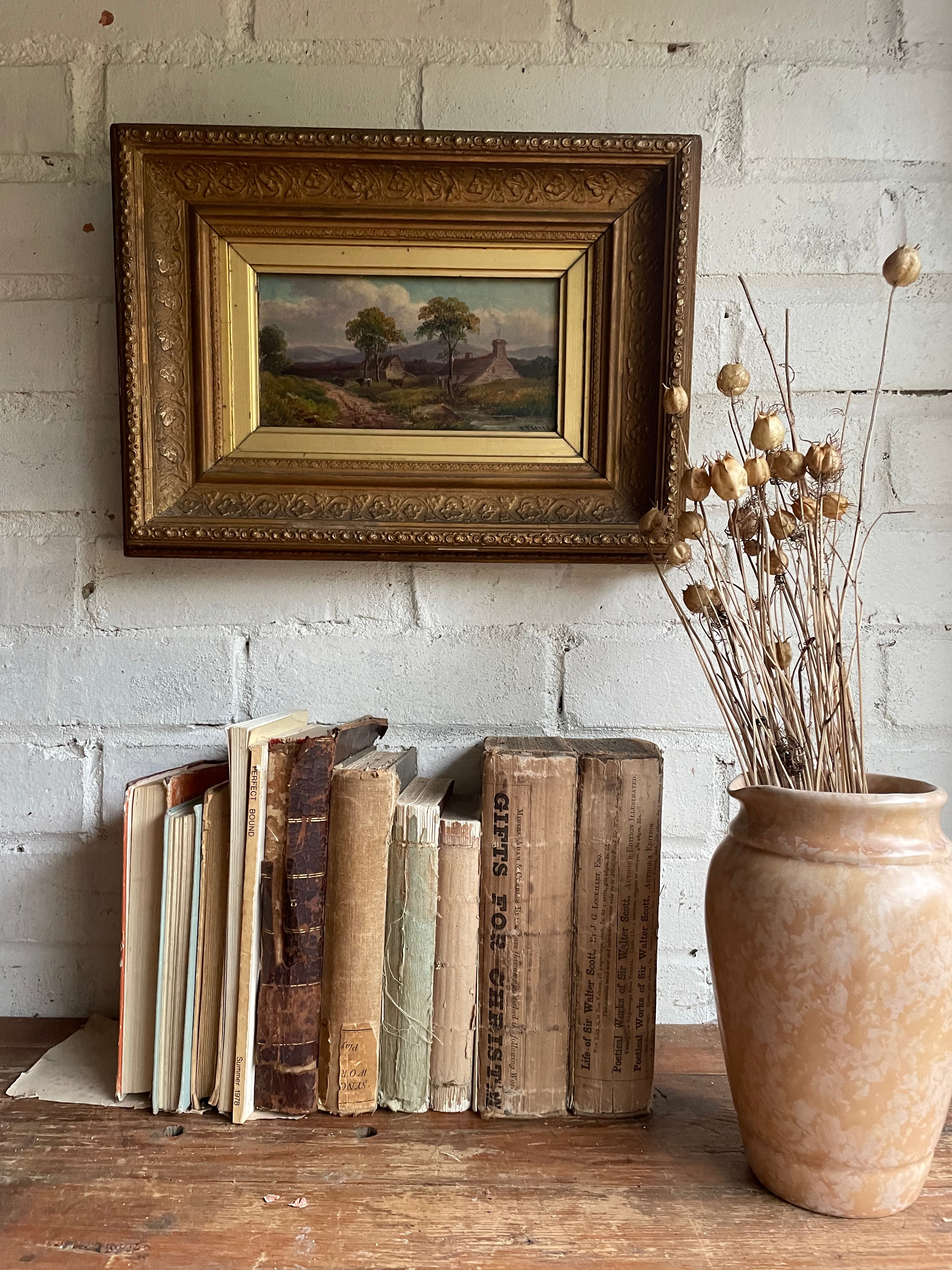 Rural Landscape with Cows Grazing: 19th Century Signed Oil on Wood with Gilt Frame