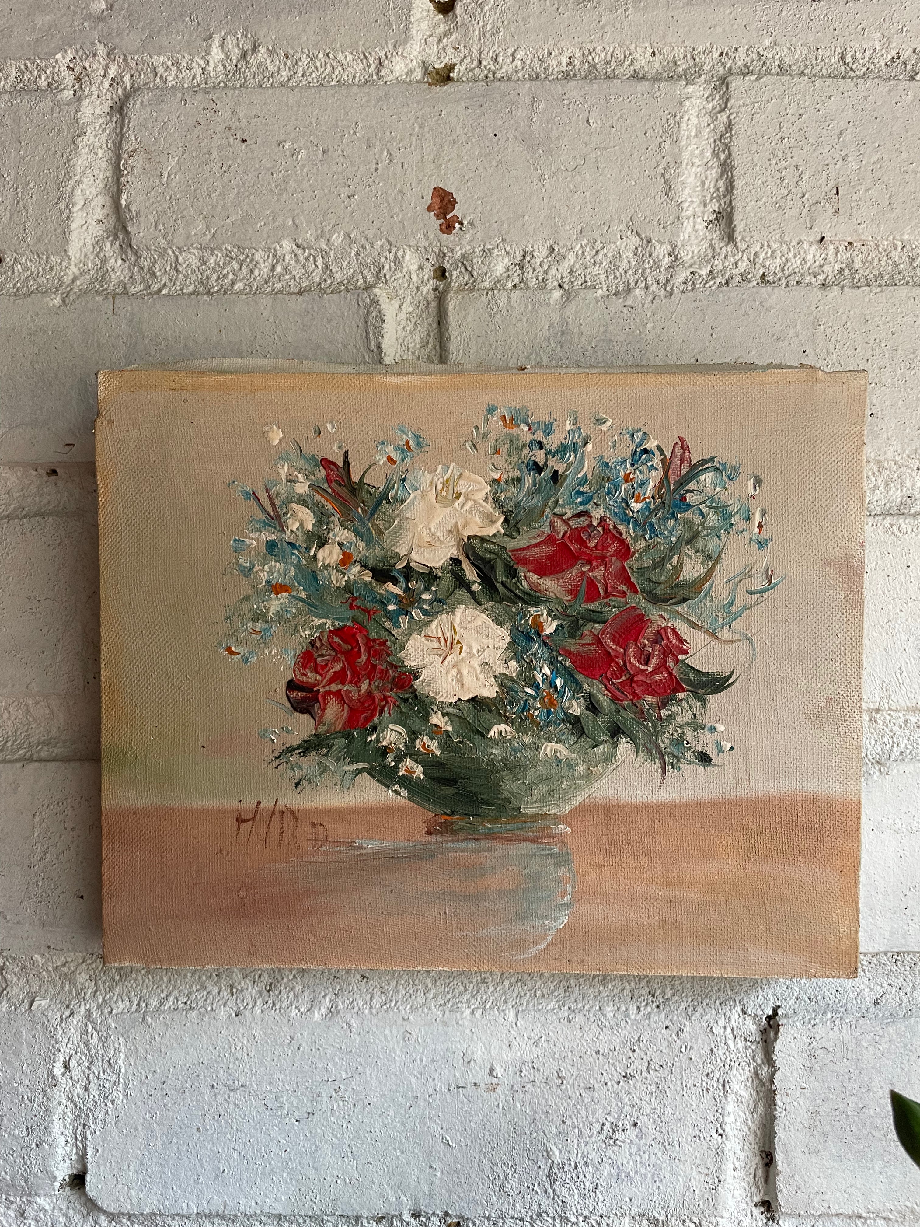 Green Vase with Flowers: Stretched Oil on Canvas