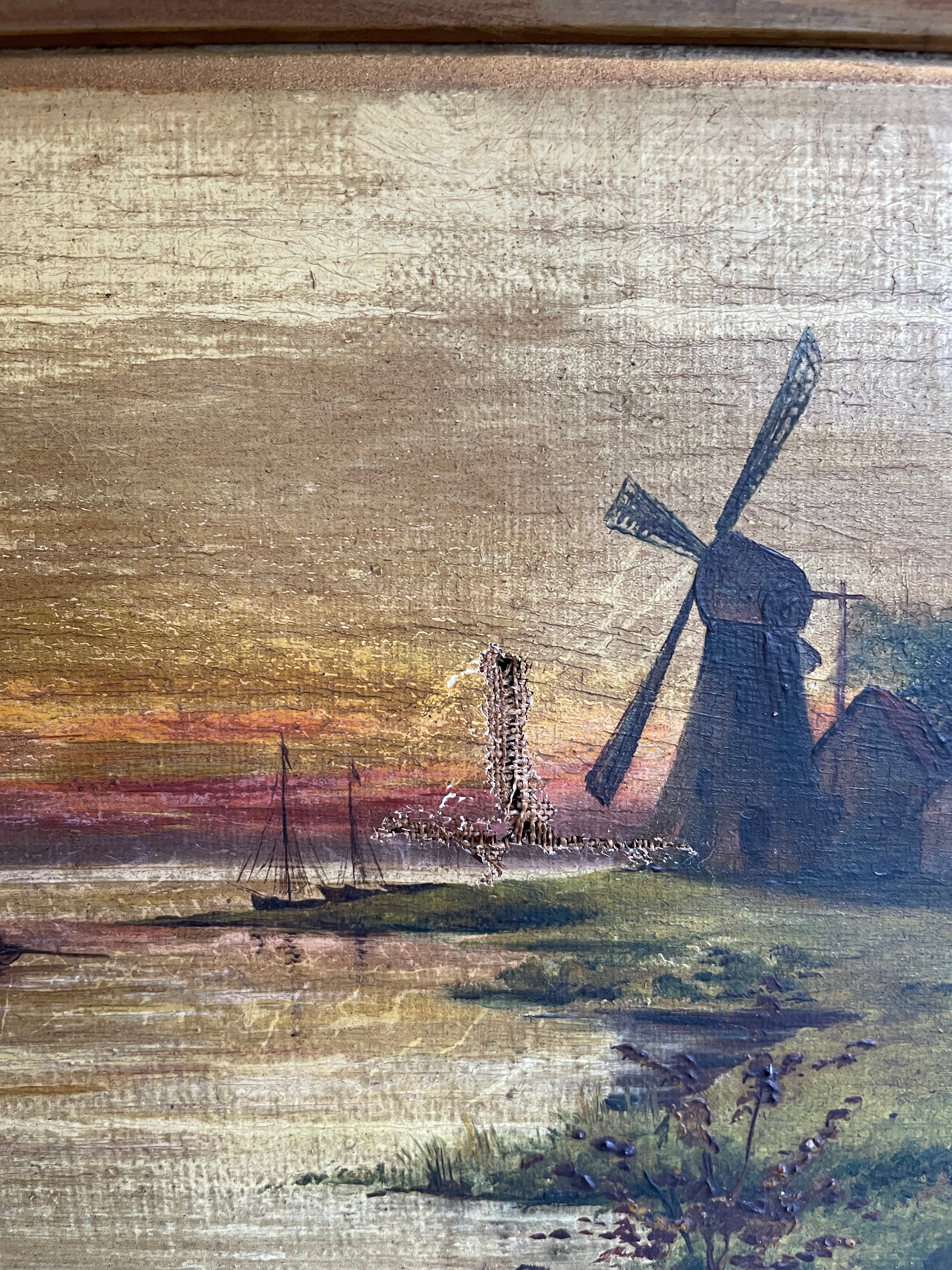 Windmill at Sunset: 19th Century Oil on Canvas