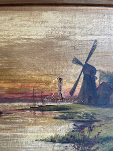 Windmill at Sunset: 19th Century Oil on Canvas