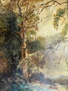 Early 20th Century Oil on Board In Oak Frame: Moody Forest