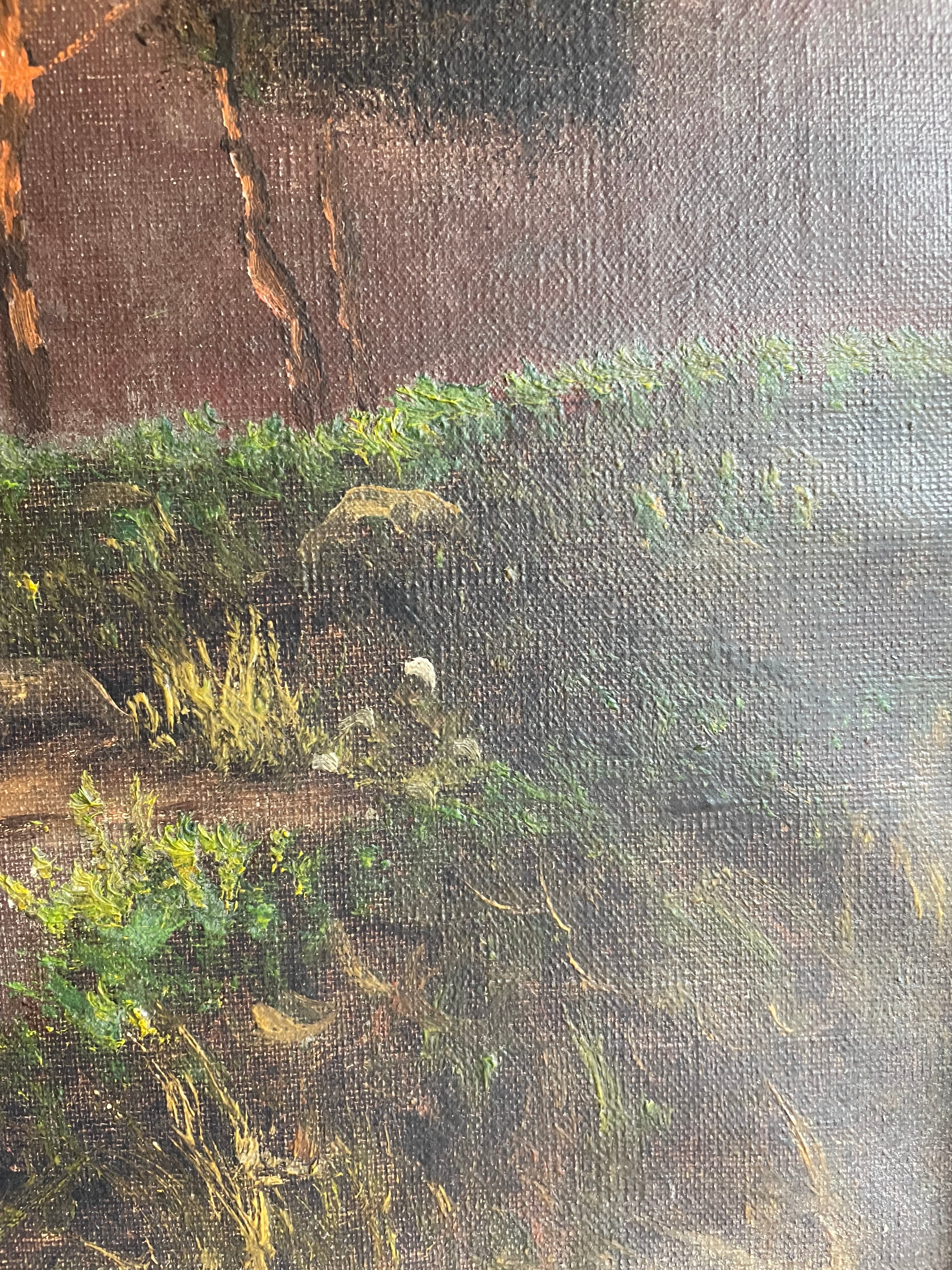 Large Signed 1918 Scottish Landscape Oil on Canvas : “Mountains, Cattle & Lake”