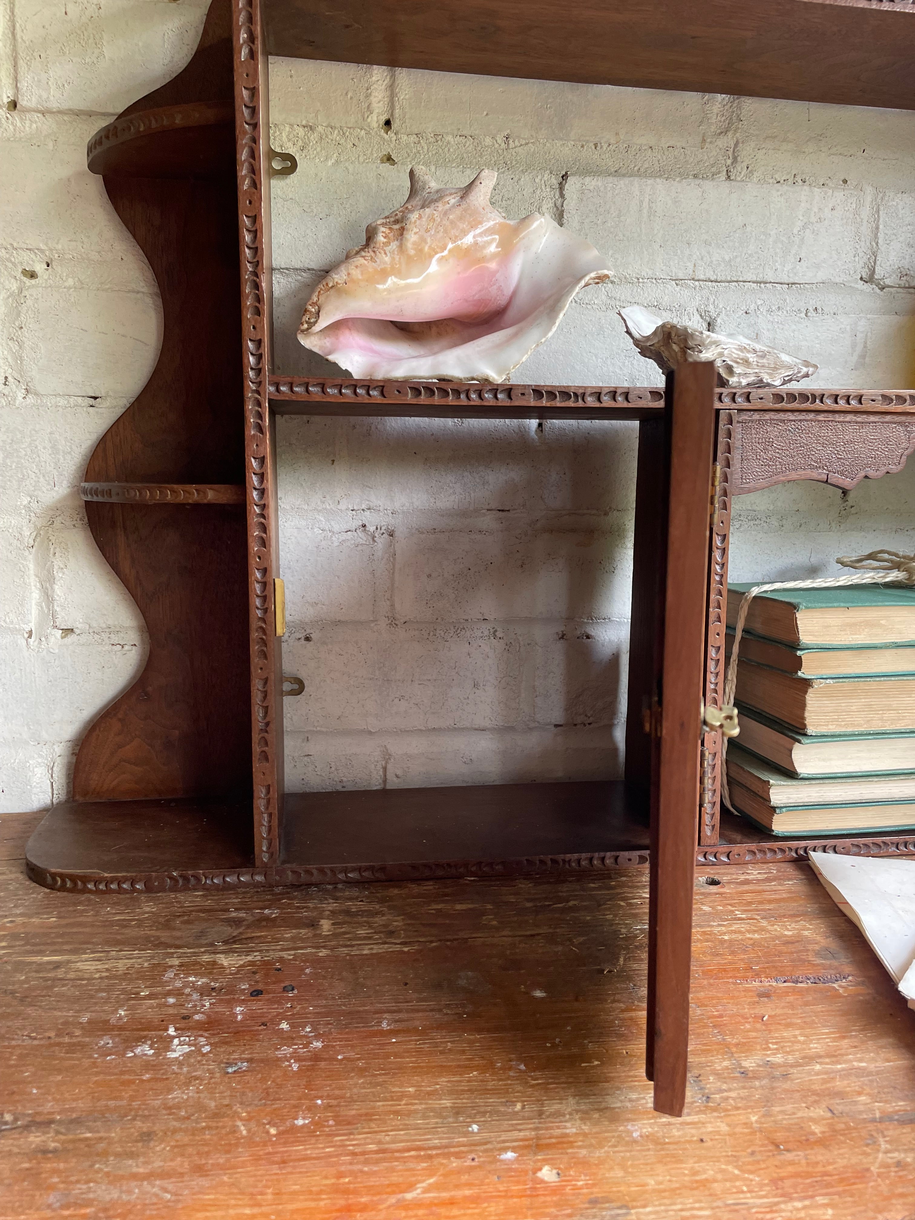 Arts & Crafts Wall Hanging Shelves with Carved Door Circa 1910