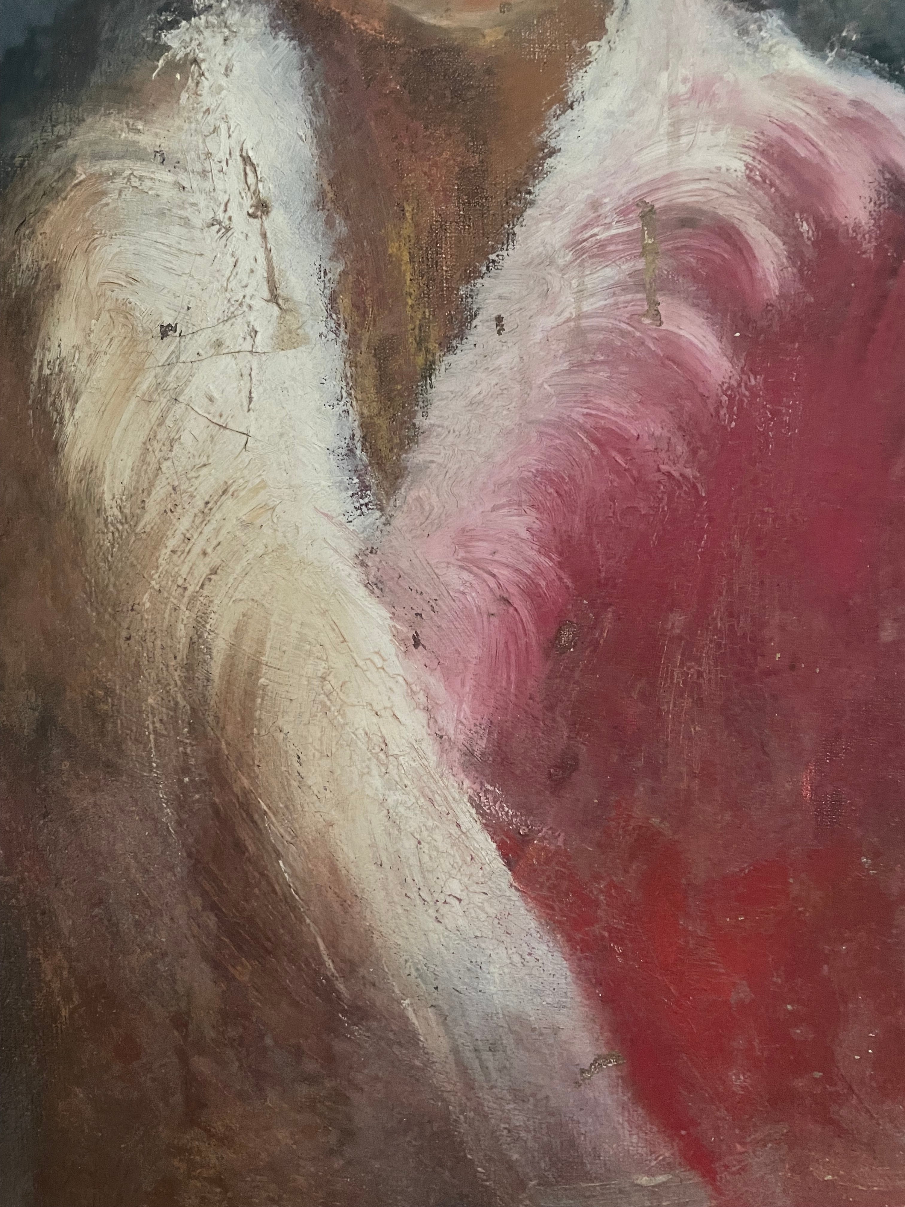 Impressionist Style Portrait with Feather Cape: Mid 20th Century Oil on Board