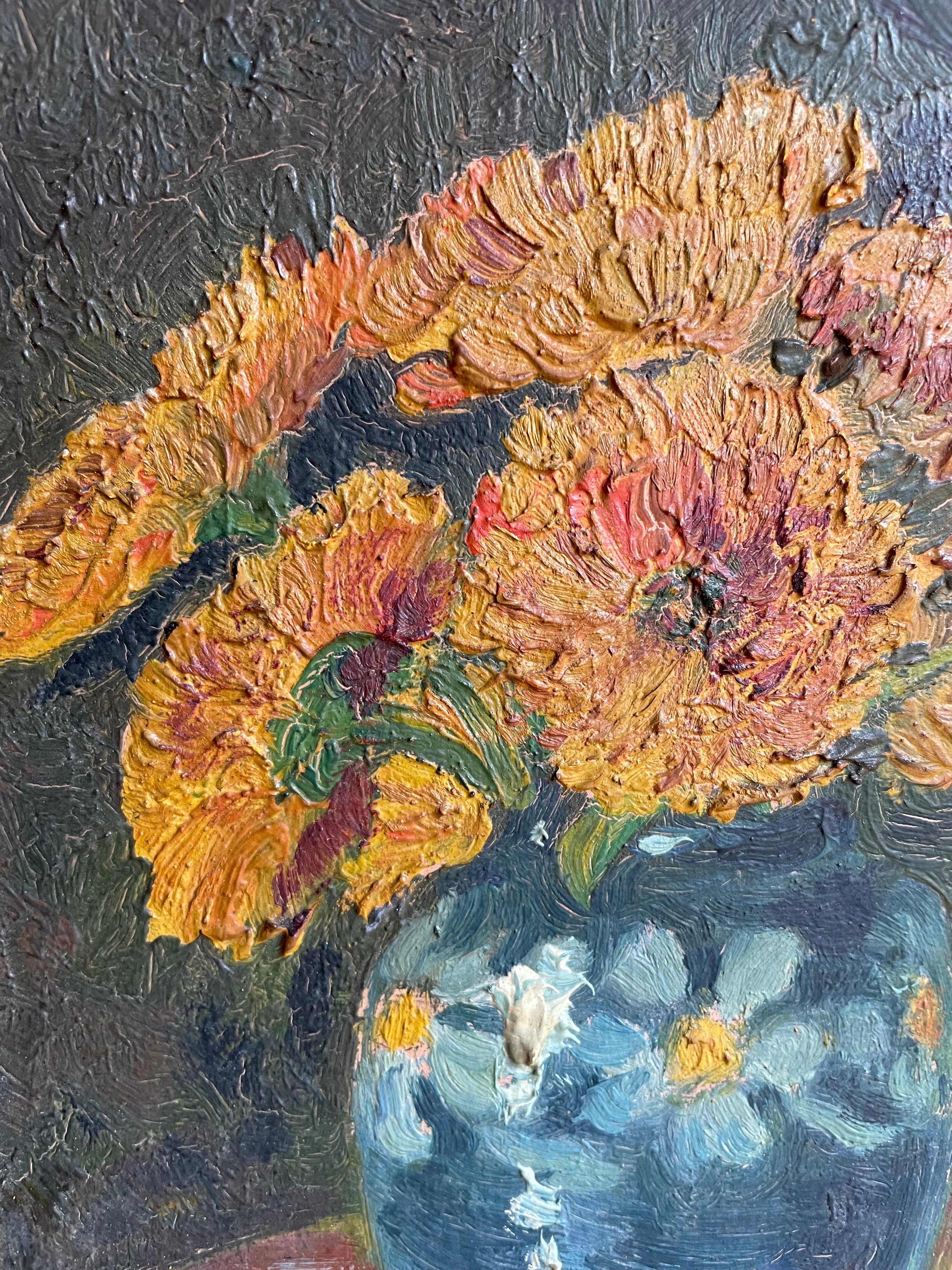 Still Life with Crysanthemums: 1930s French Oil on Board with Original Carved Wooden Frame