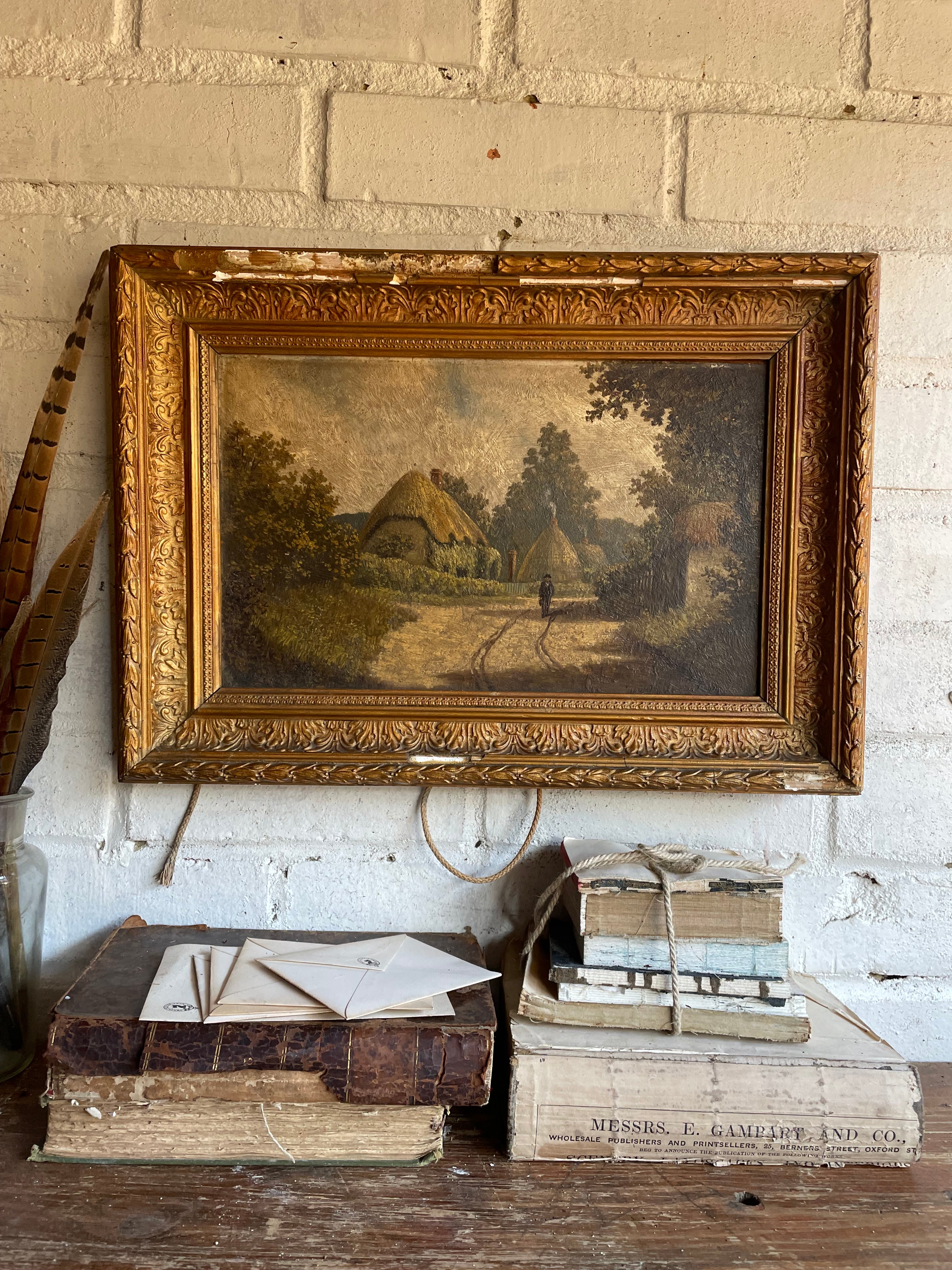 Thatched Cottages: 19th Century Oil on Board