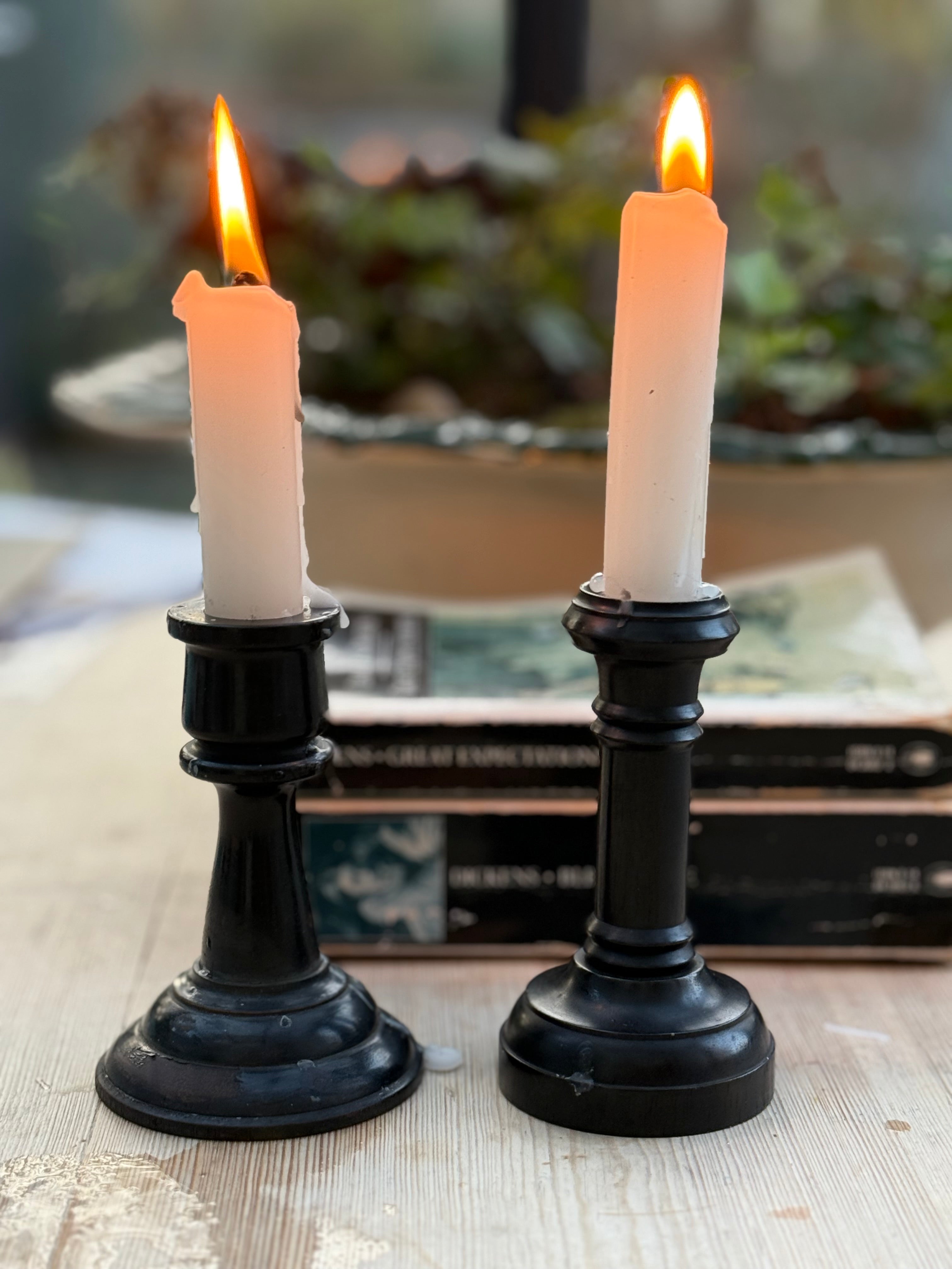 Circa 1880s: Mismatched Small Ebony Wooden Candlesticks