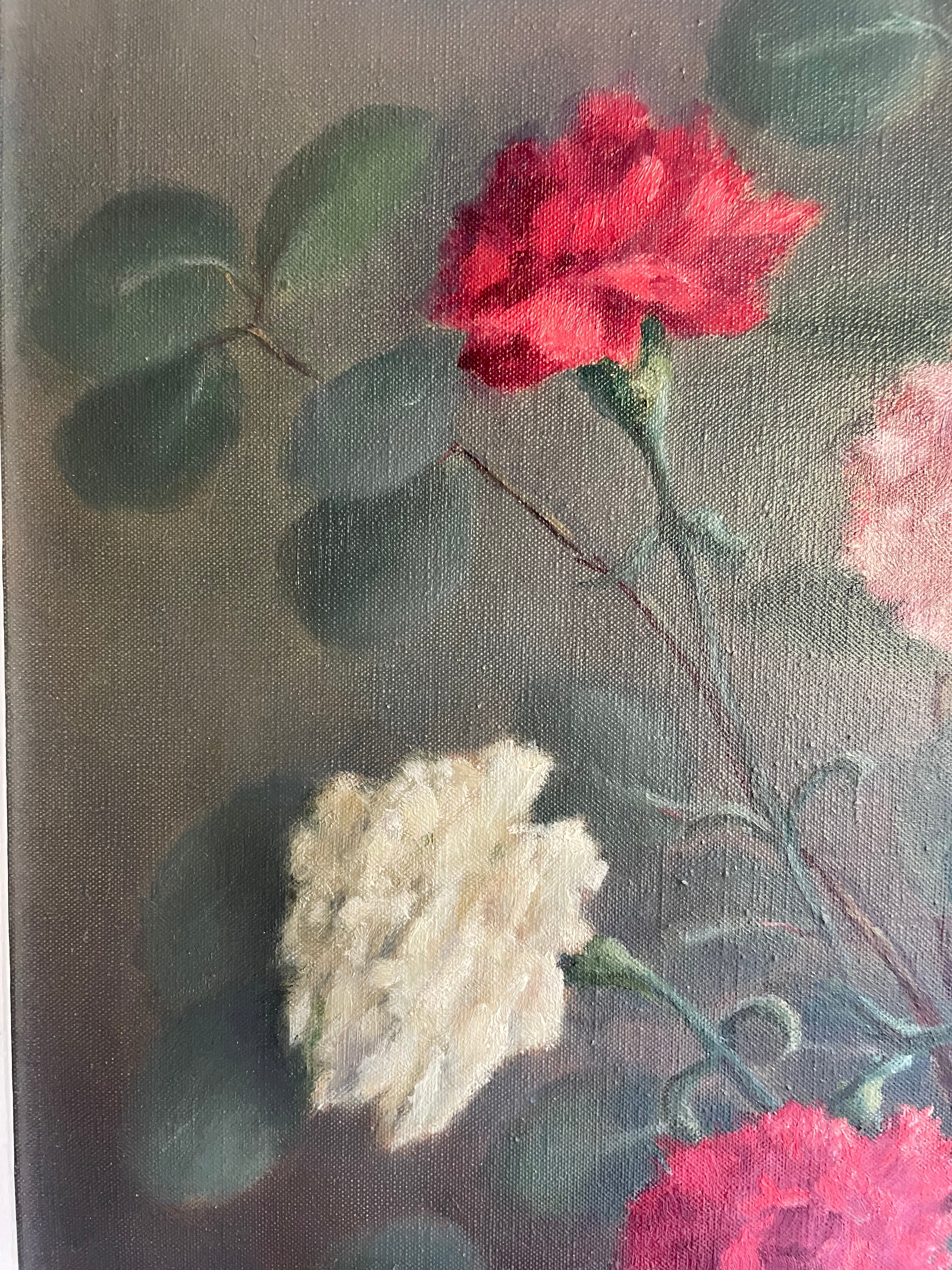 Signed Midcentury Floral Oil on Canvas in Reds & Pinks: Was £105 now £73.50 at checkout