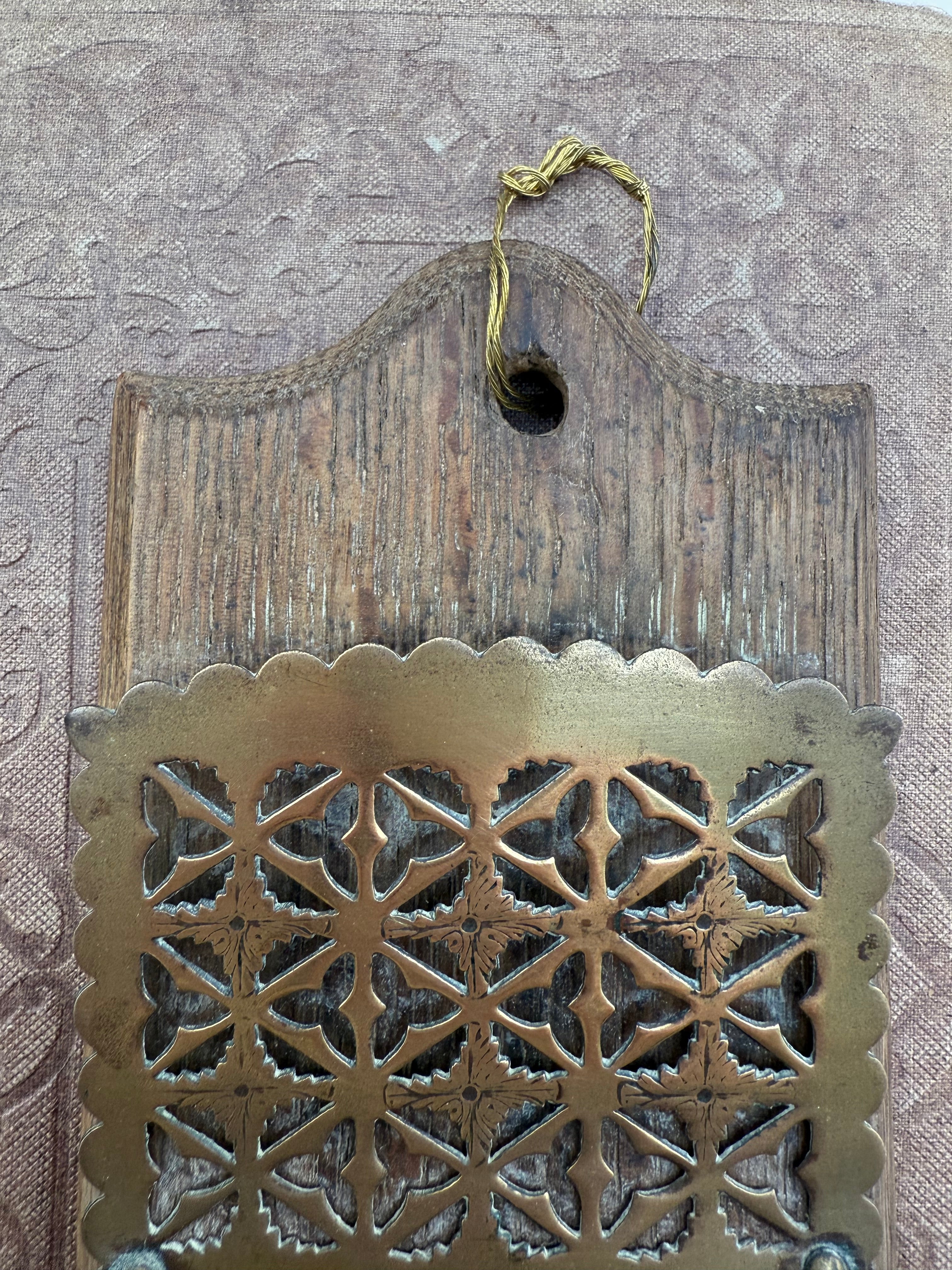 Antique Oak and Brass Wall Hanging Letter Rack