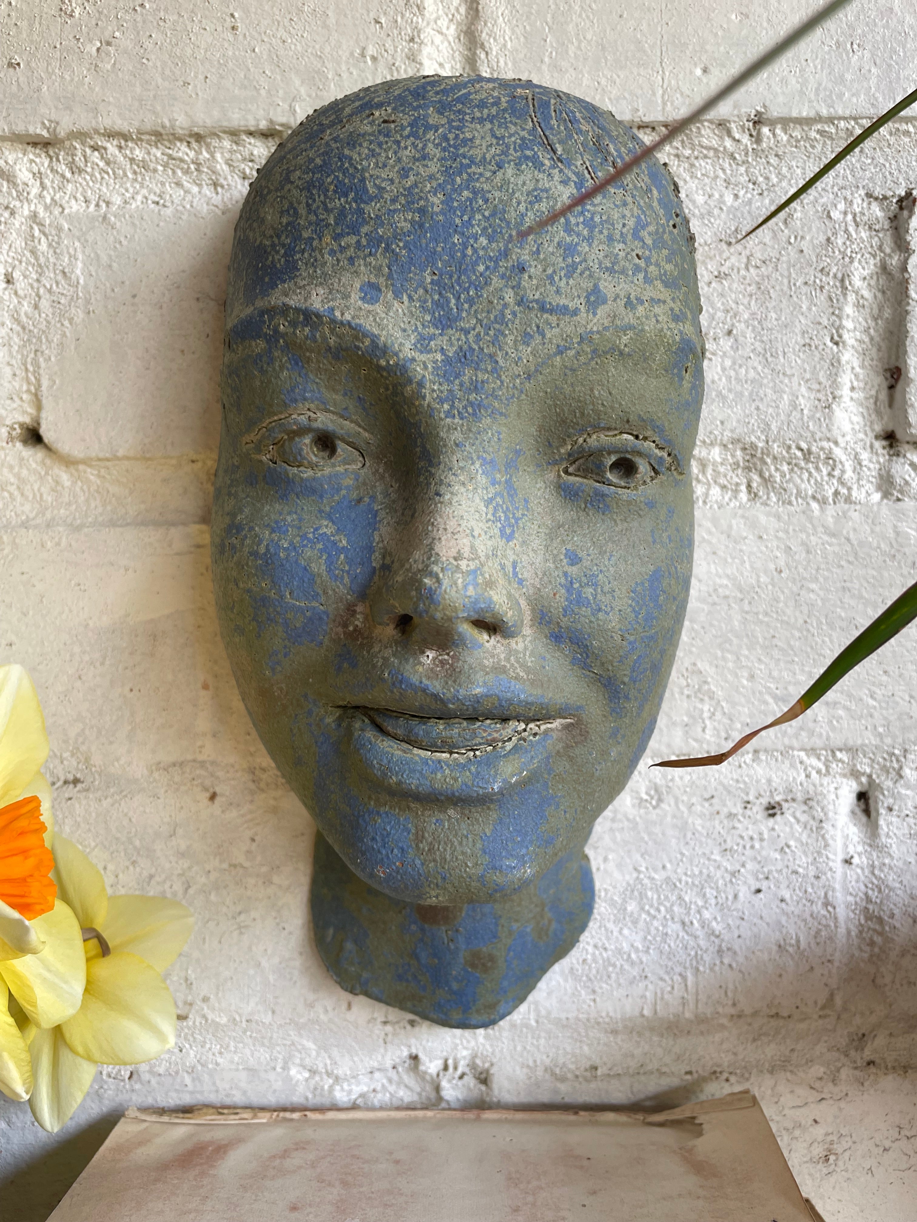 Decorative Sculptural Clay Face in Blue Hues