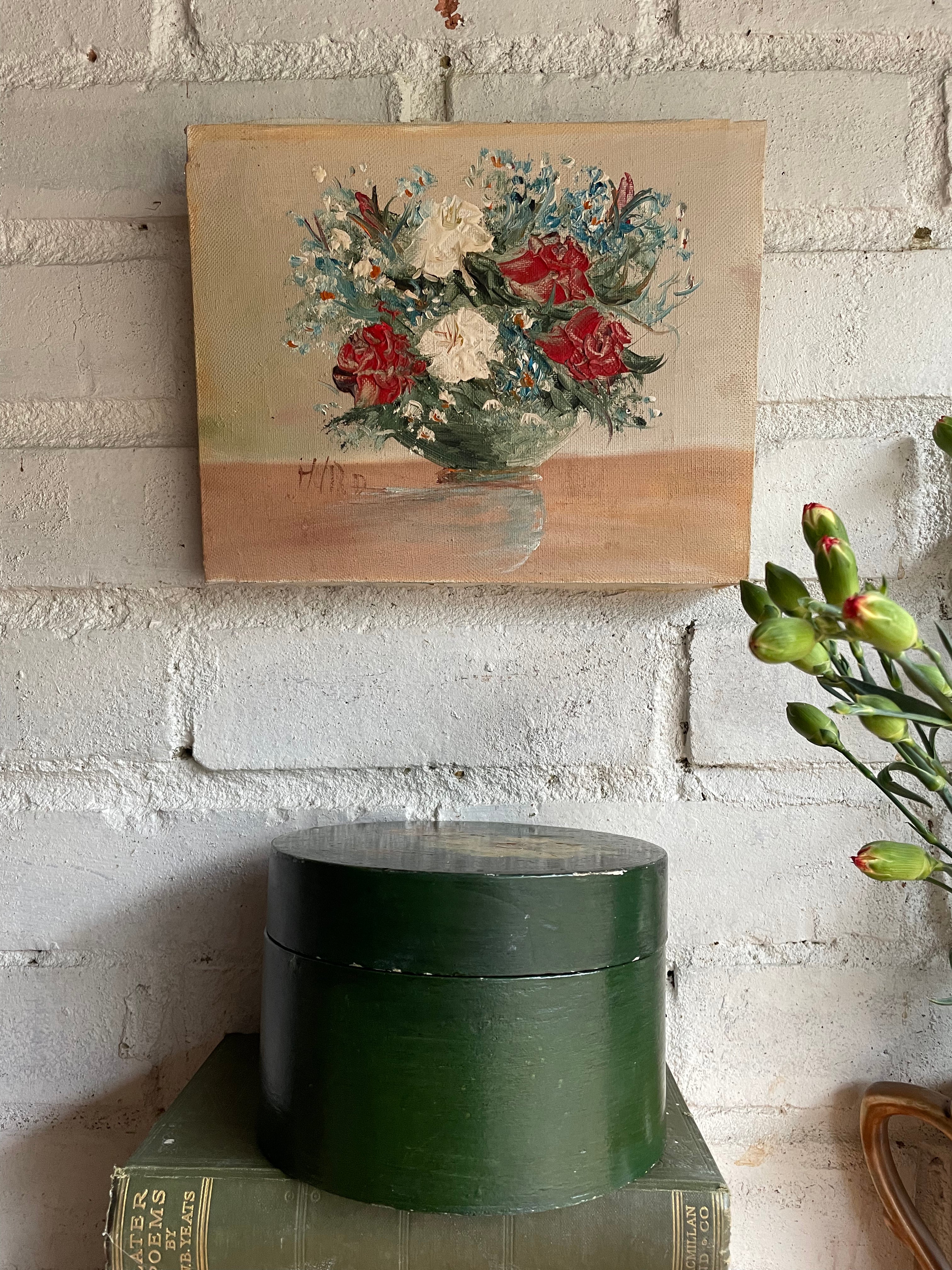 Green Vase with Flowers: Stretched Oil on Canvas