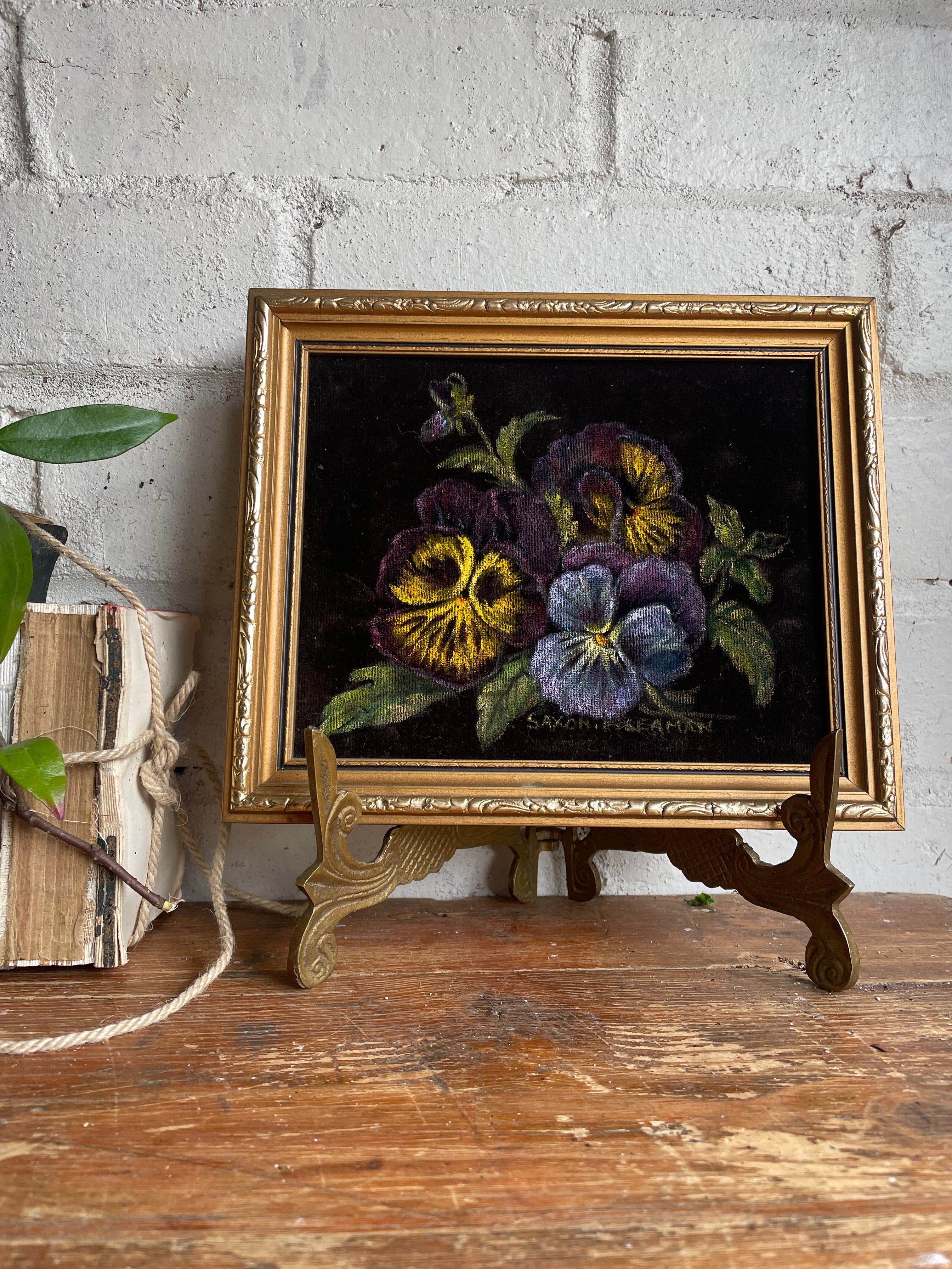 Pansies: Small Oil Painting on Velvet