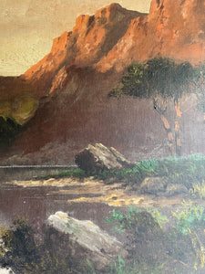 Large Signed 1918 Scottish Landscape Oil on Canvas : “Mountains, Cattle & Lake”