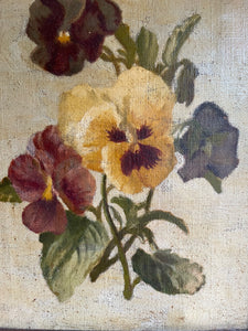 Early 1900s Still Life of Pansies: Antique Oil on Hessian Canvas
