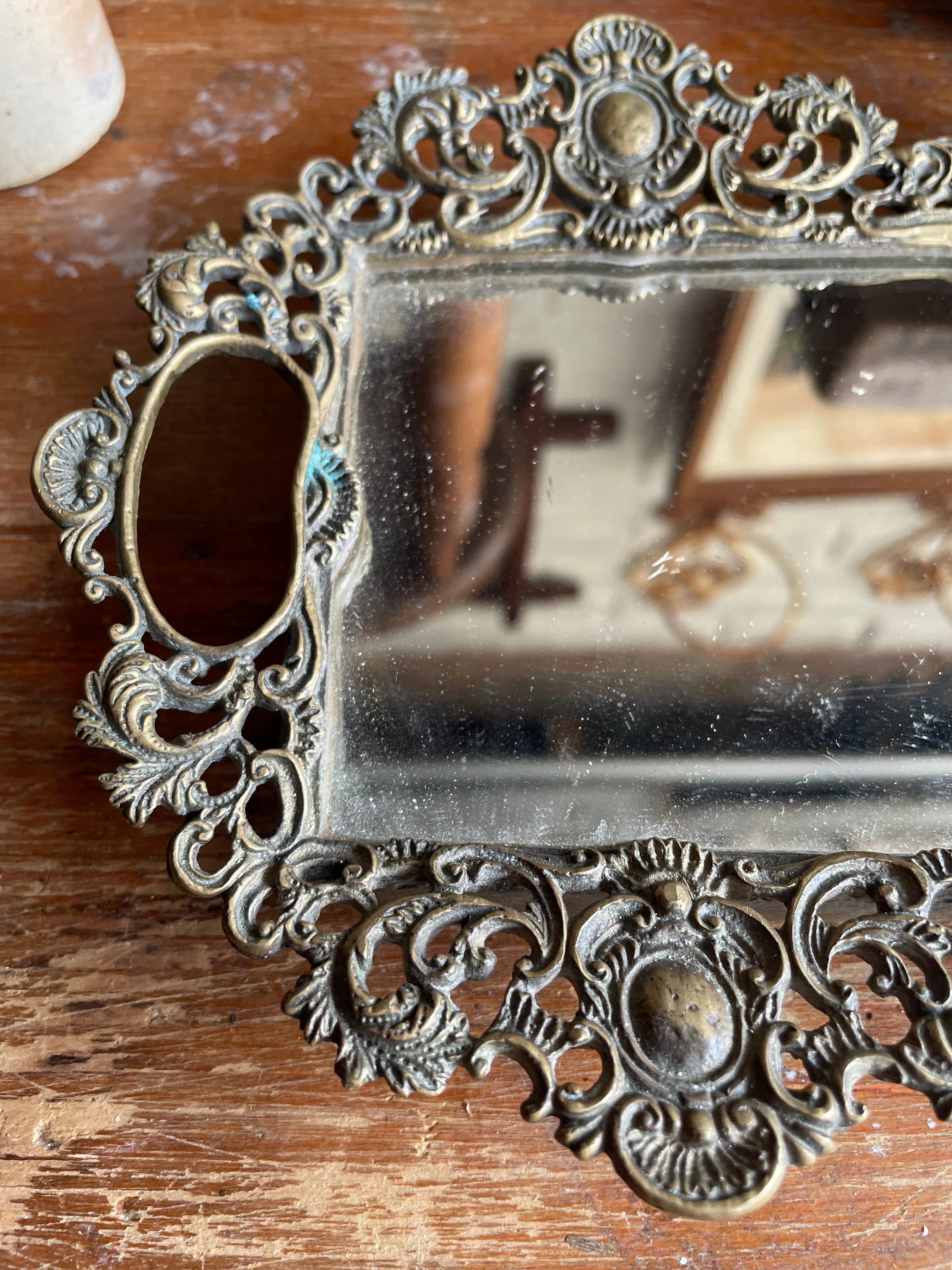 Antique Filigree Brass Mirror Tray