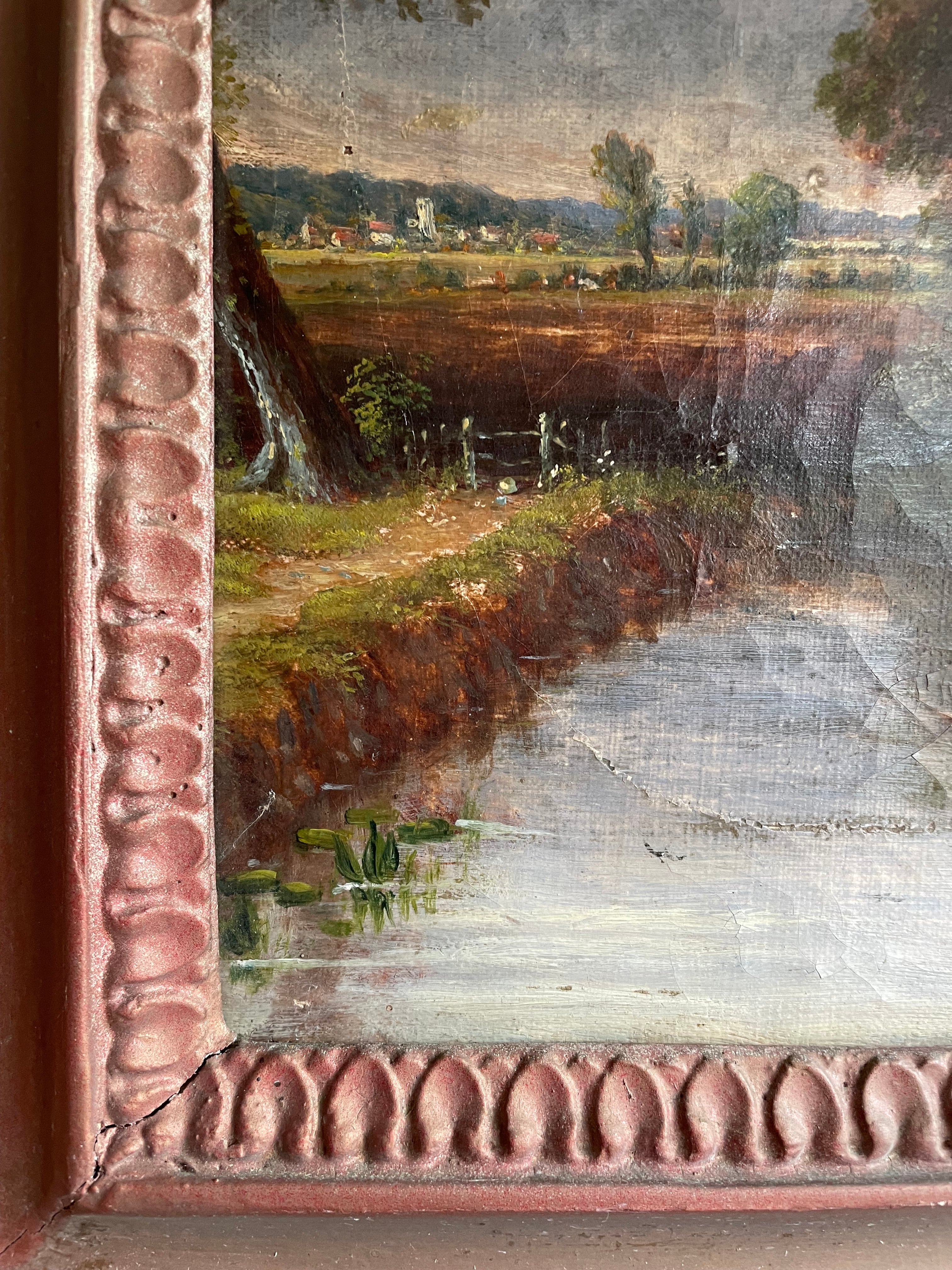 19th Century Oil on Canvas “Rural Landscape with Sailing Boat"