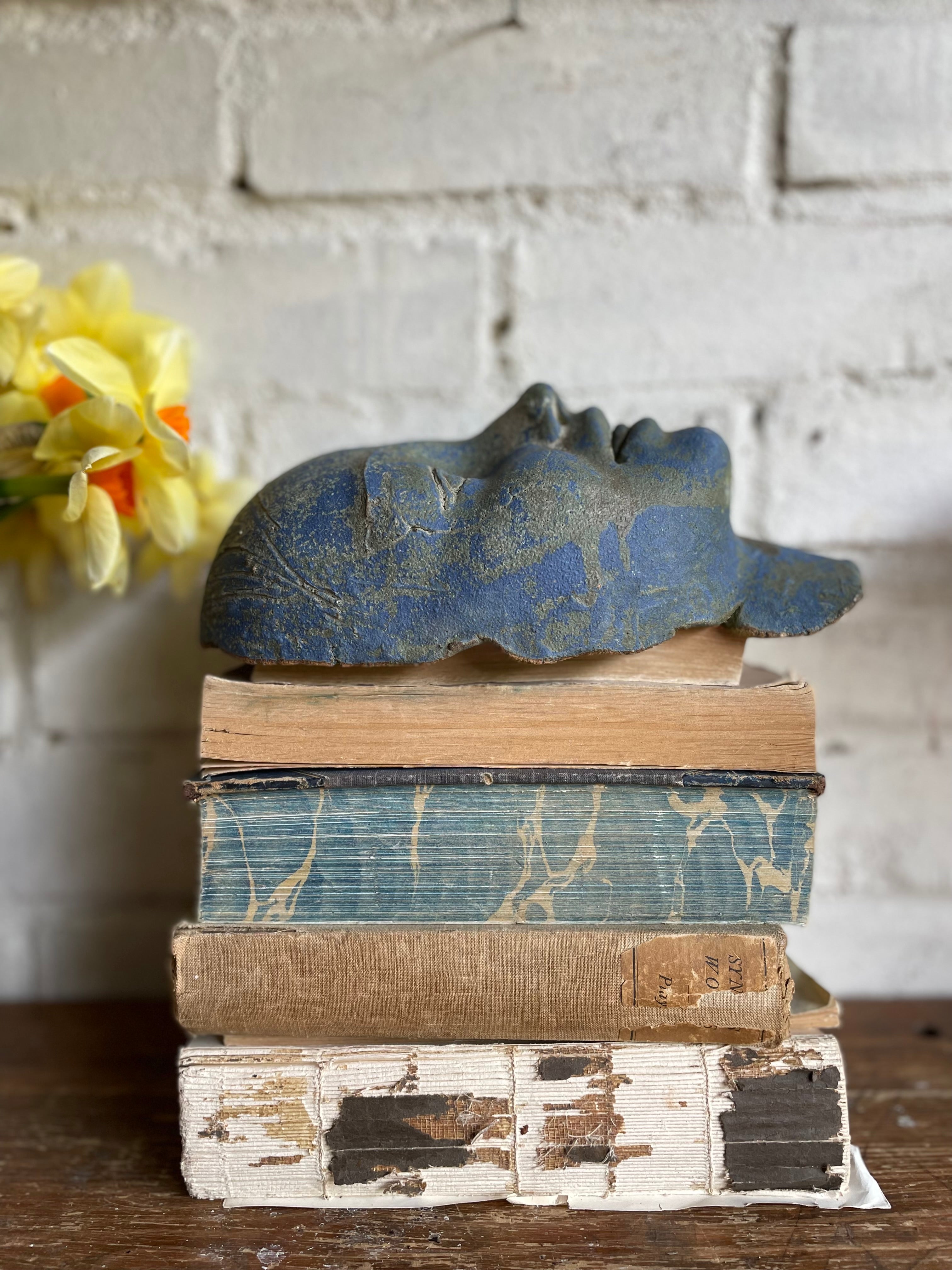 Decorative Sculptural Clay Face in Blue Hues