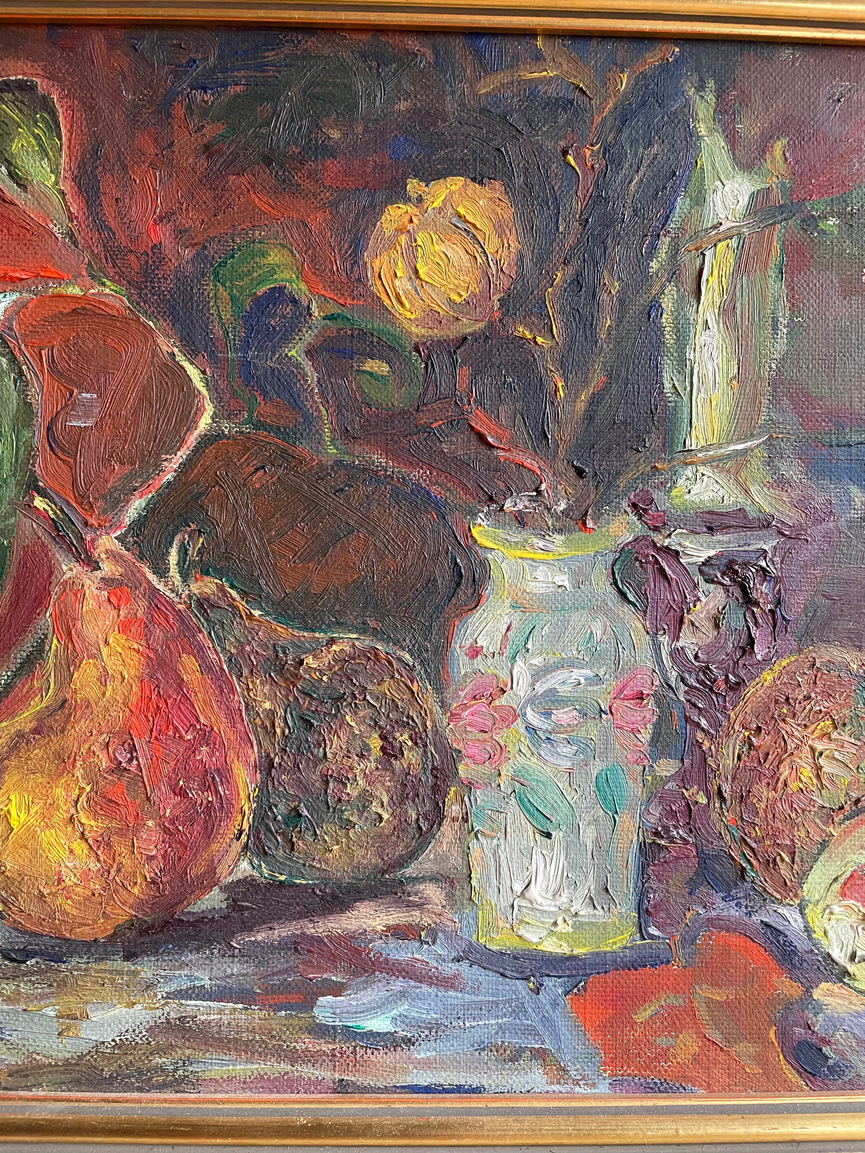 Floral & Fruit Still Life:  Signed & Dated Oil on Board