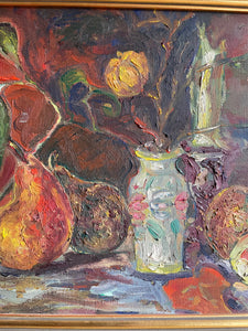 Floral & Fruit Still Life:  Signed & Dated Oil on Board