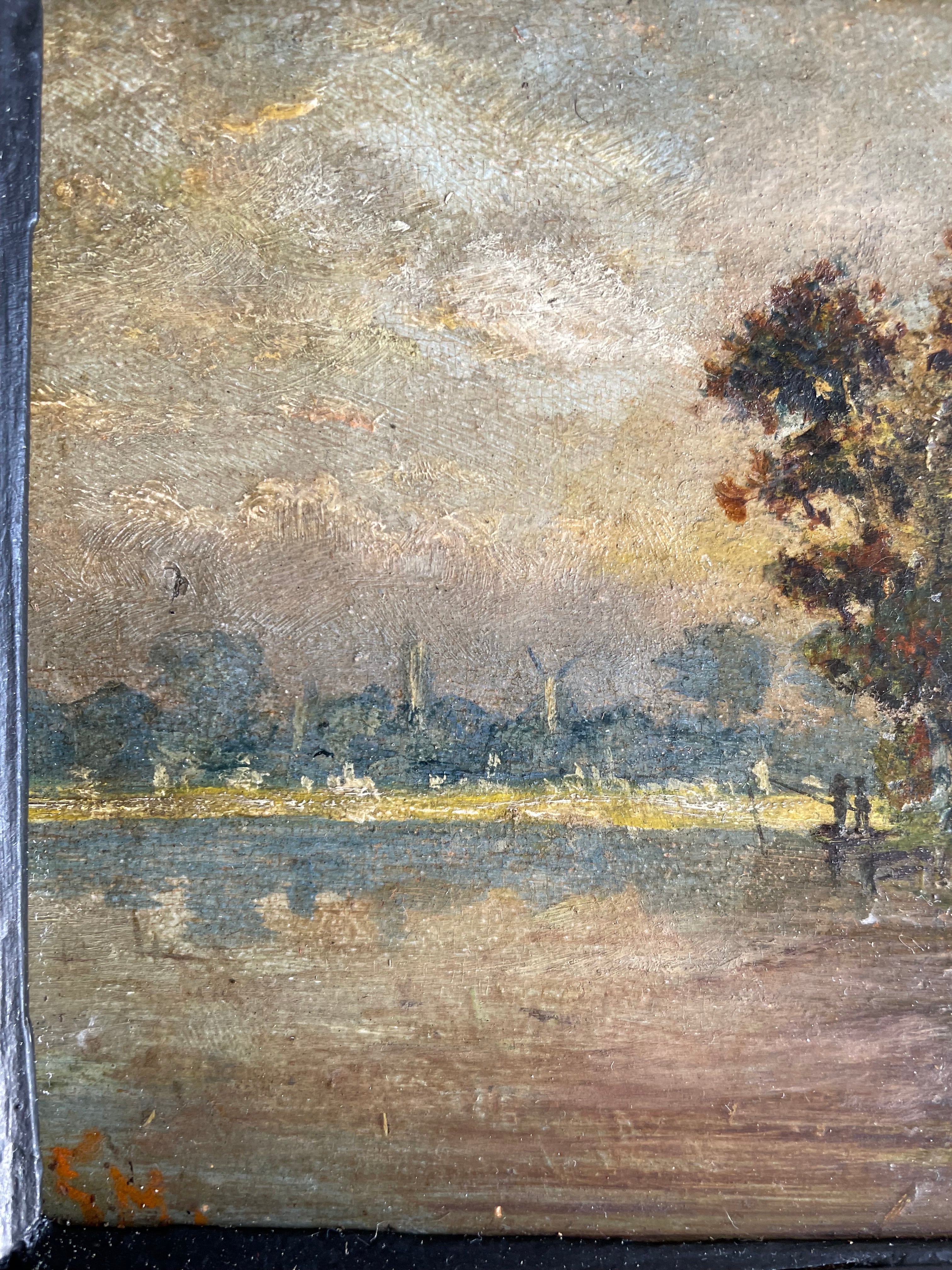 Small 19th Century Oil Painting on Wood with Windmill