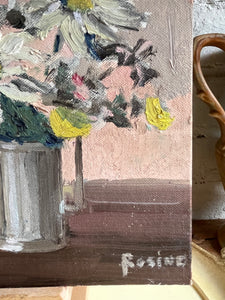 Daisies in a Silver Vase: Oil on Board