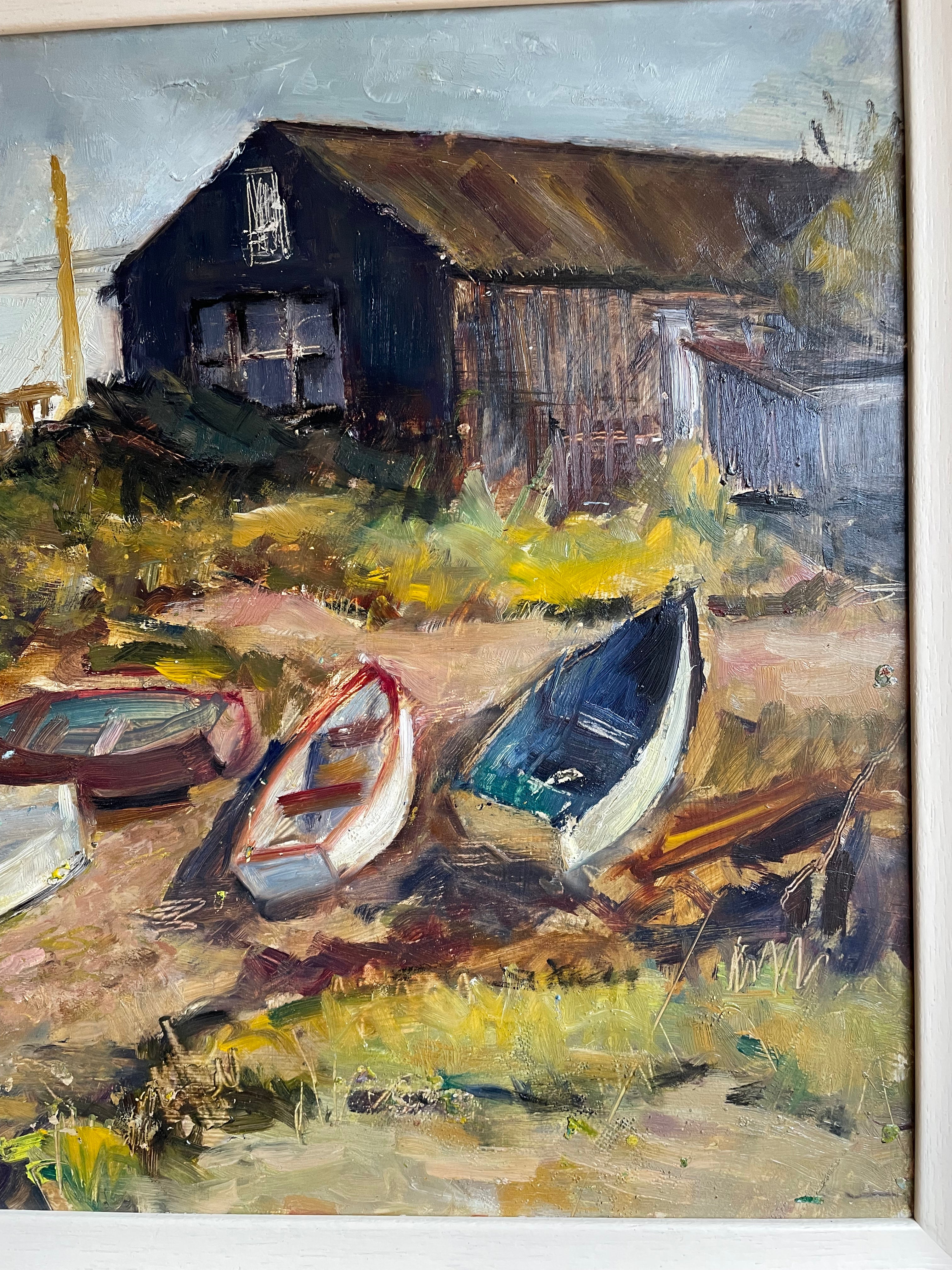 Fishing Boats: Large Midcentury Oil Painting