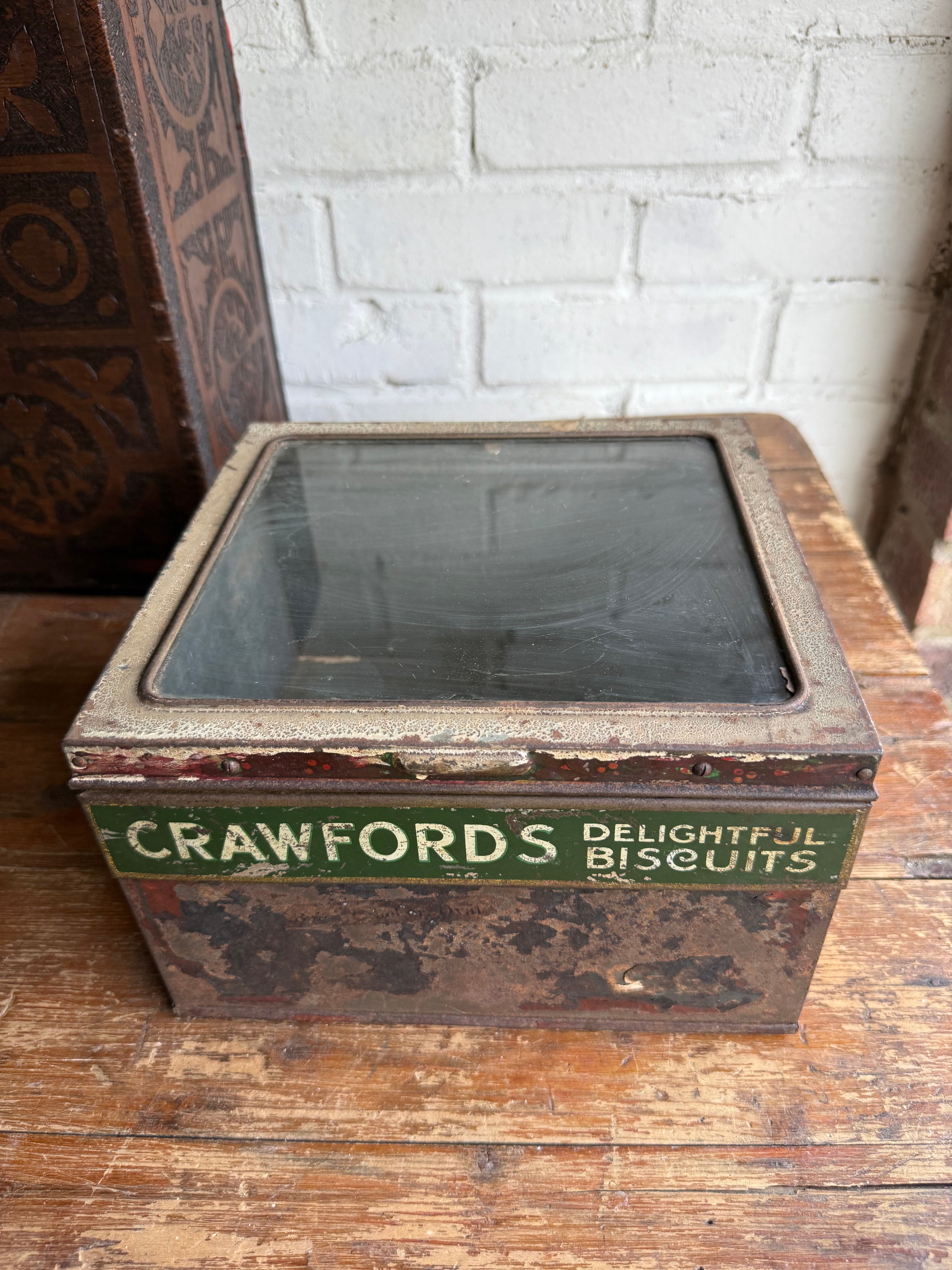 Rare Antique Crawfords Biscuit Shop Counter Display Tin with Glass Top Lid