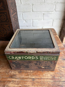 Rare Antique Crawfords Biscuit Shop Counter Display Tin with Glass Top Lid