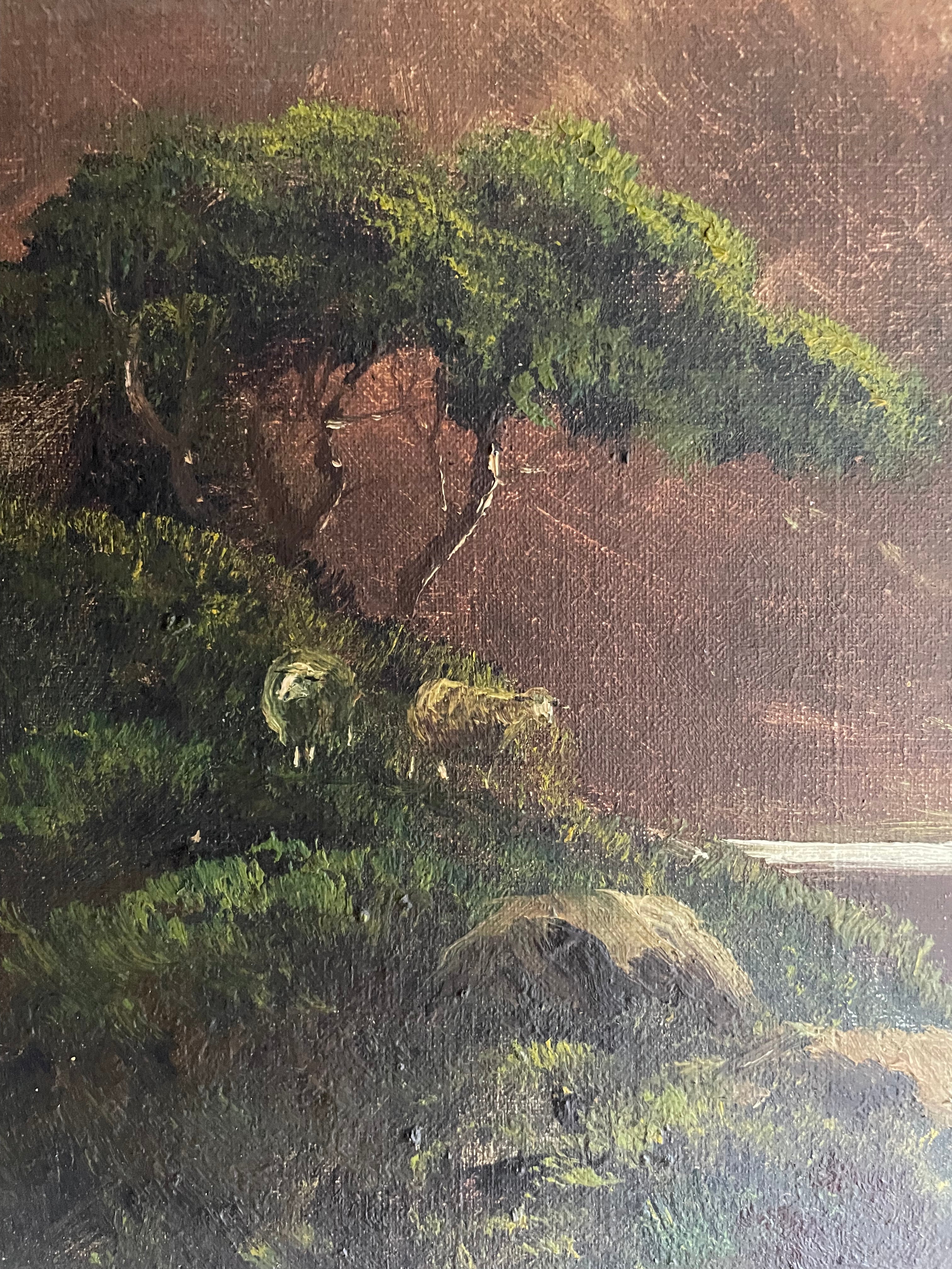 Large Signed Turn of the Century Scottish Landscape Oil on Canvas : “Mountains & Sheep”