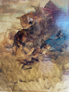 Horses Grazing: Antique Oil on Wood Panel