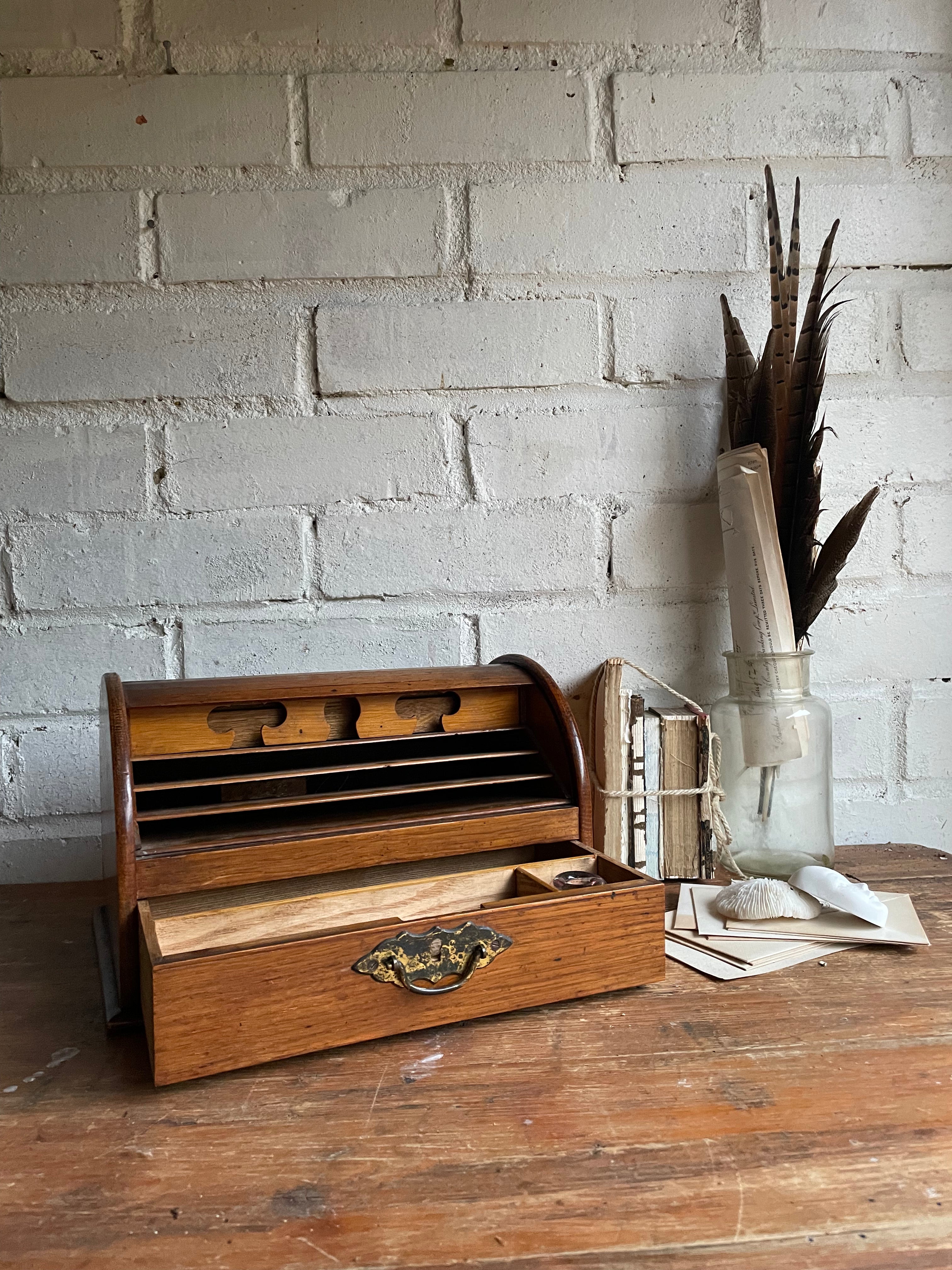 19th Century Oak Tambour Roll Top Stationary Cabinet