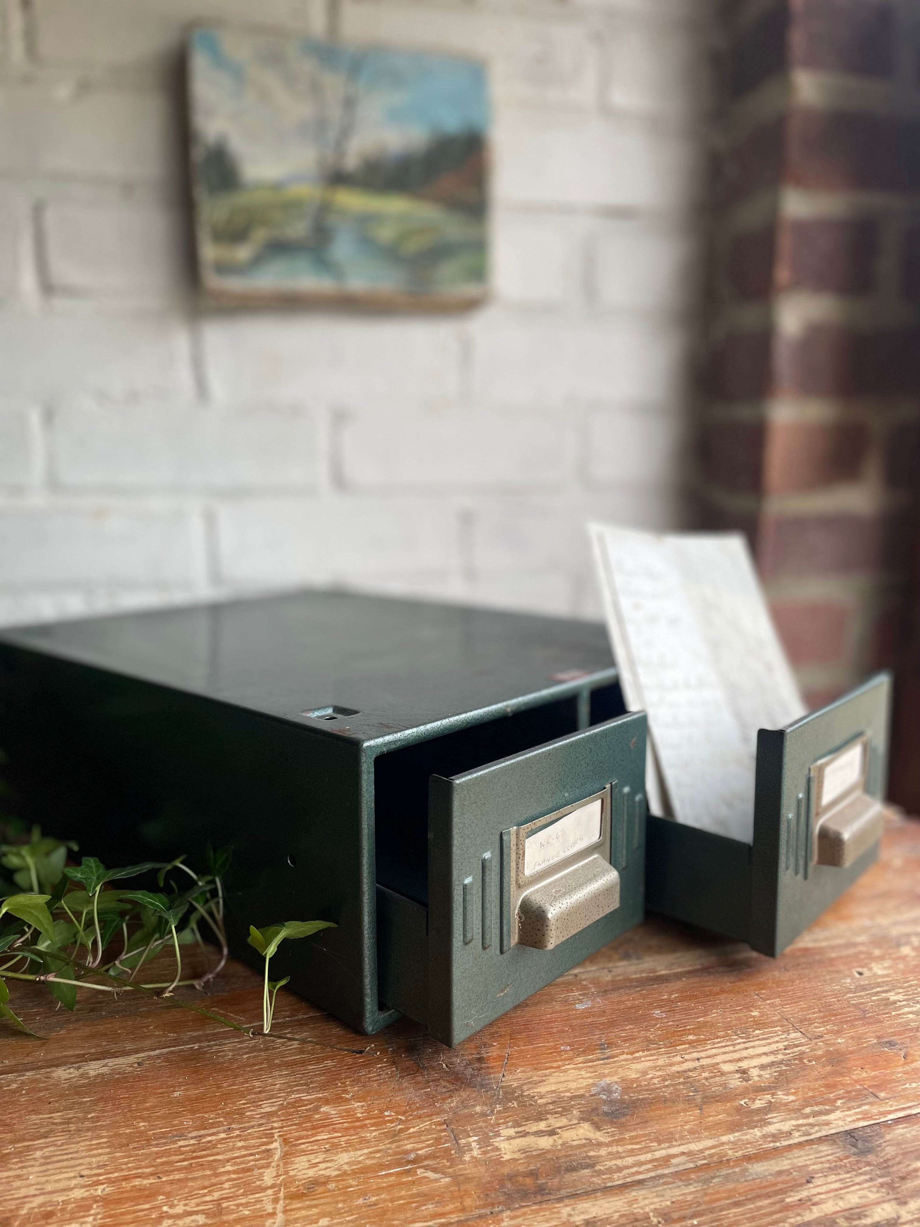 Vintage Green Metal Double Filing Drawers