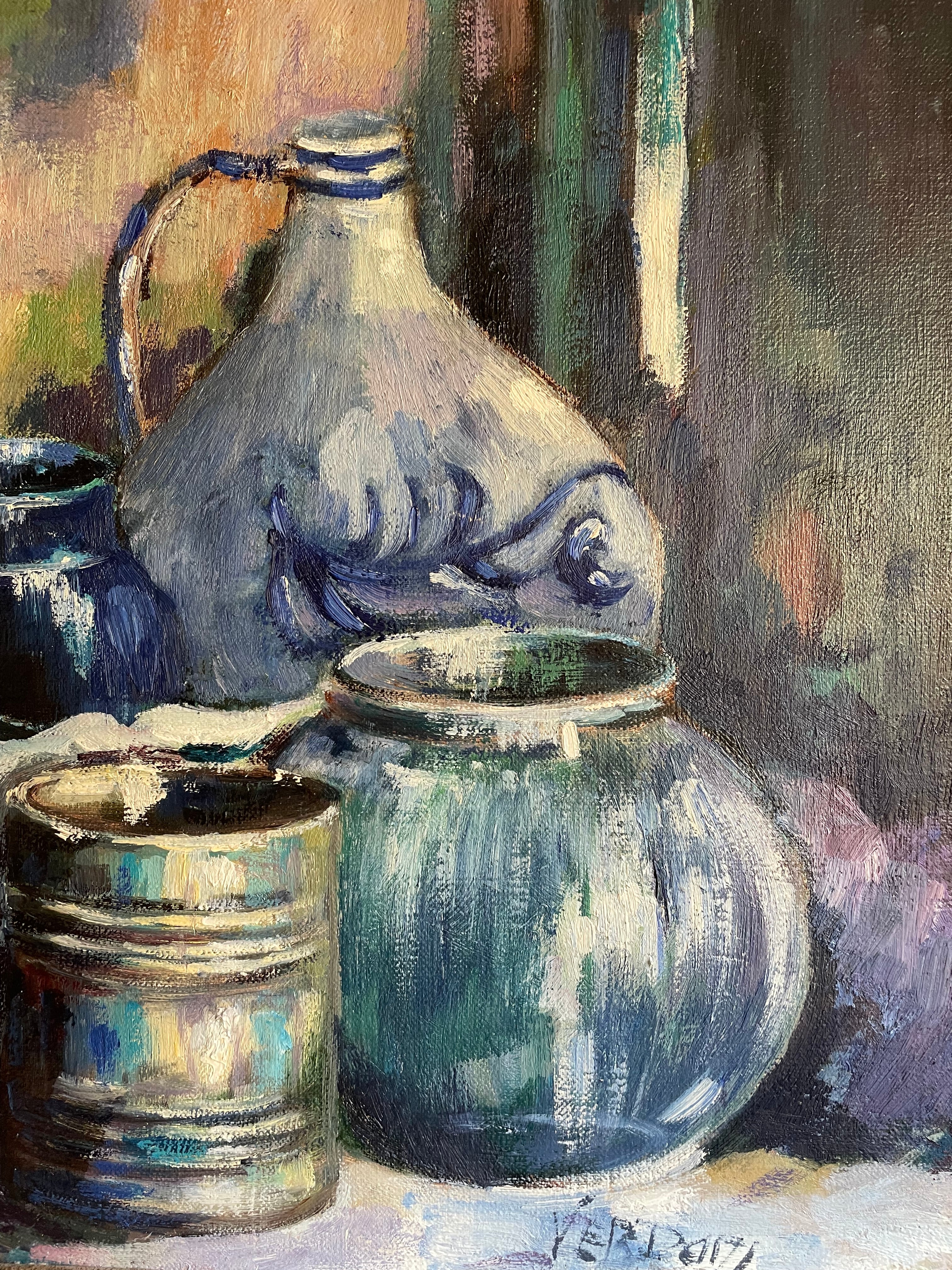 Still Life in Blue: Midcentury Oil on Canvas