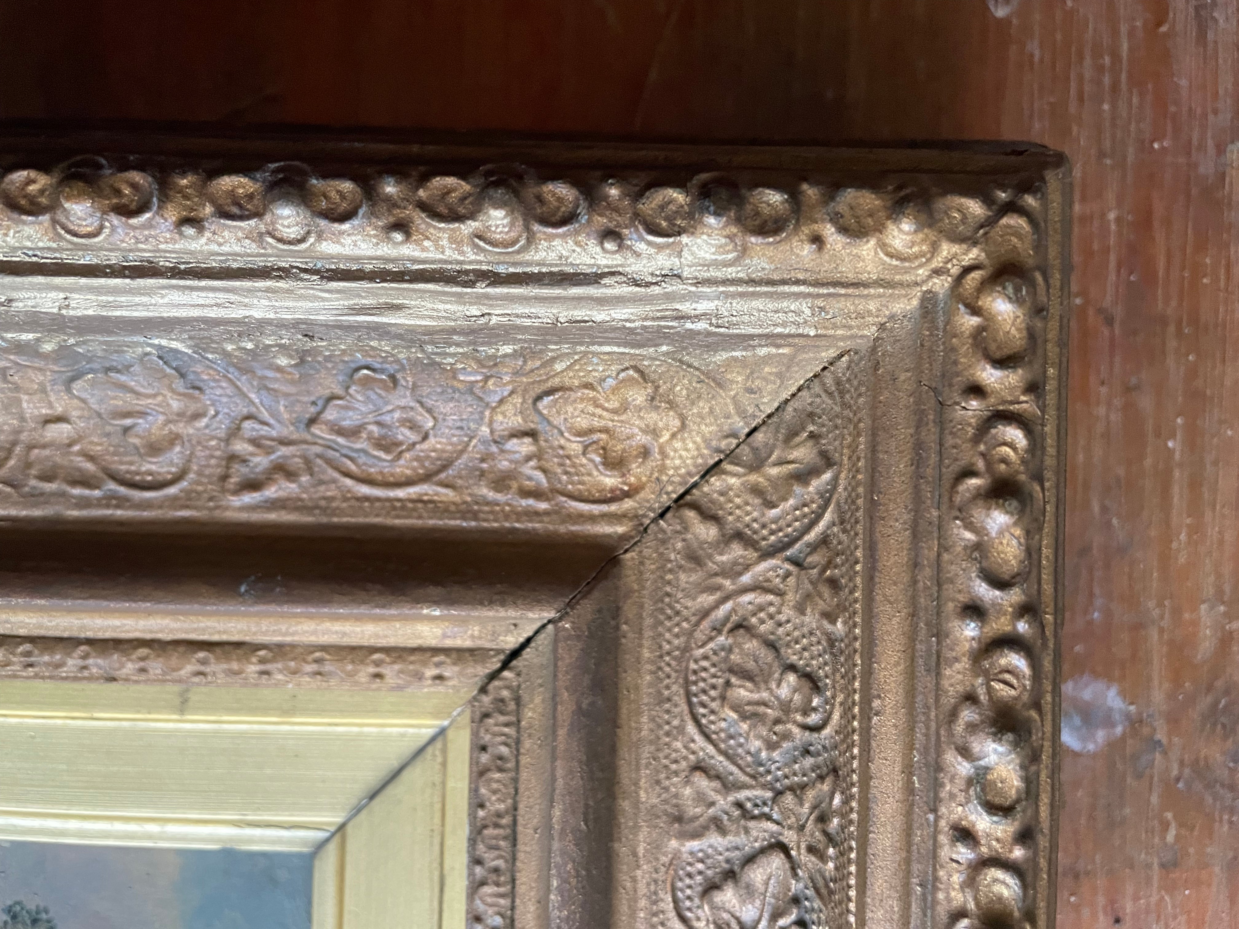 Rural Landscape with Geese: 19th Century Signed Oil on Wood with Gilt Frame