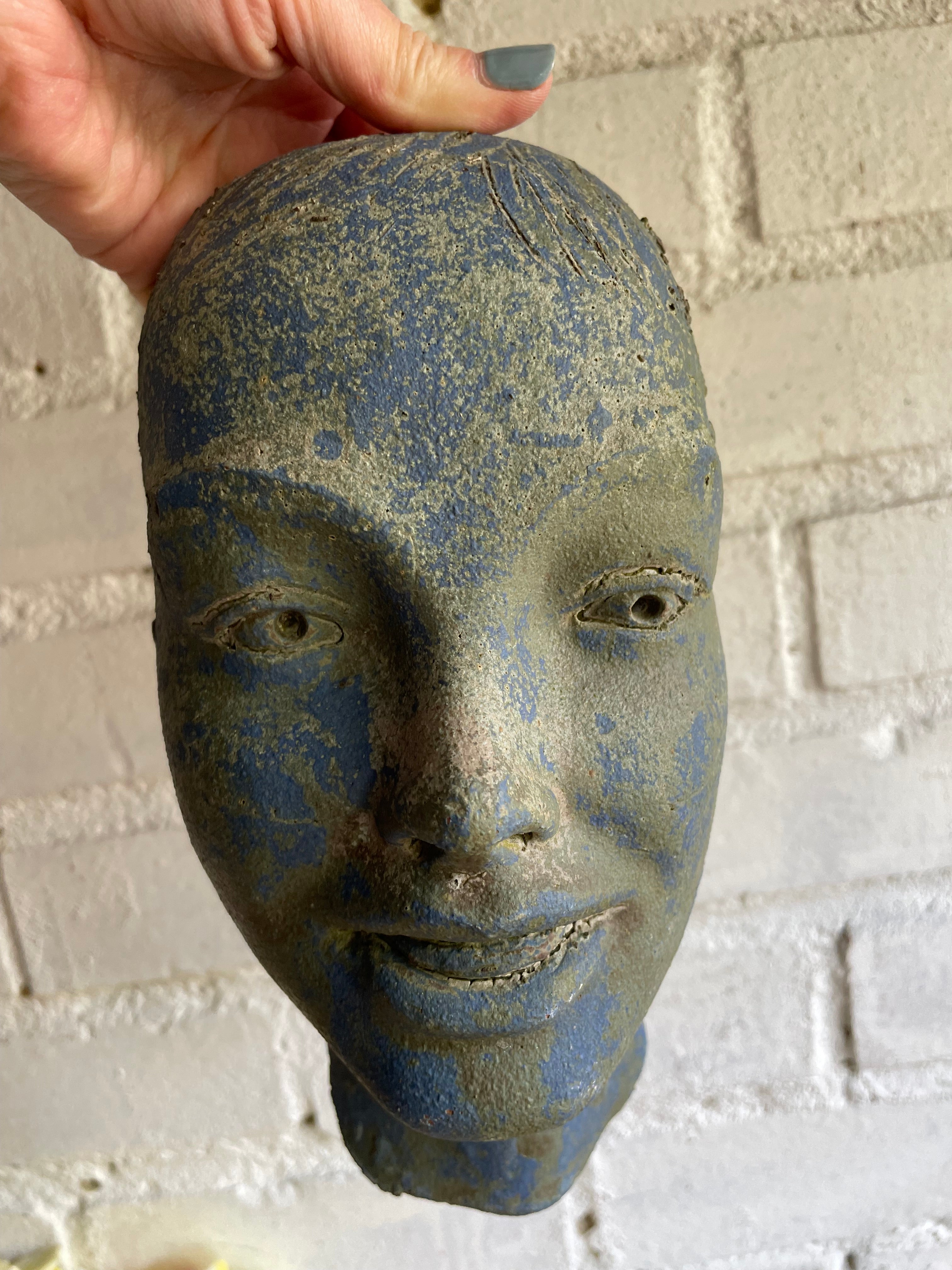 Decorative Sculptural Clay Face in Blue Hues