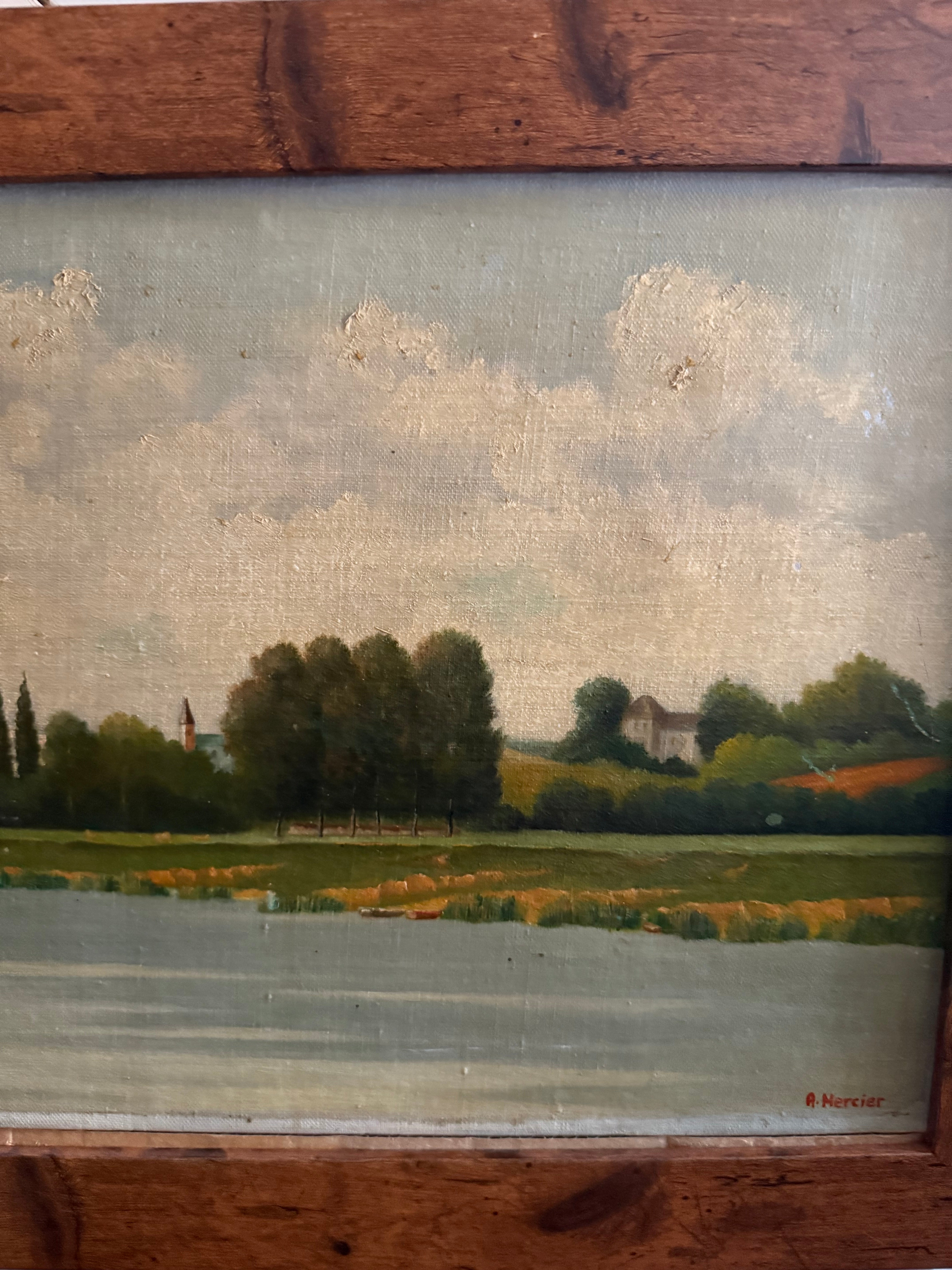 Early 1900s Signed Atmospheric Landscape Oil on Canvas