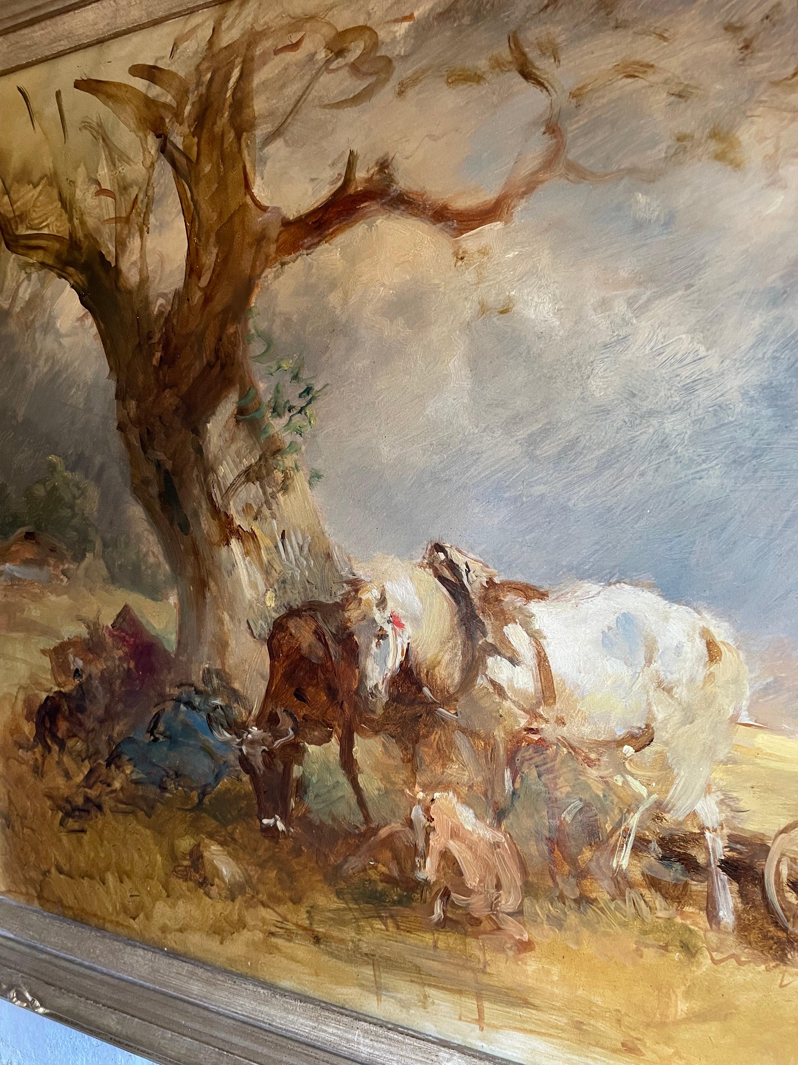 Horses Grazing: Antique Oil on Wood Panel
