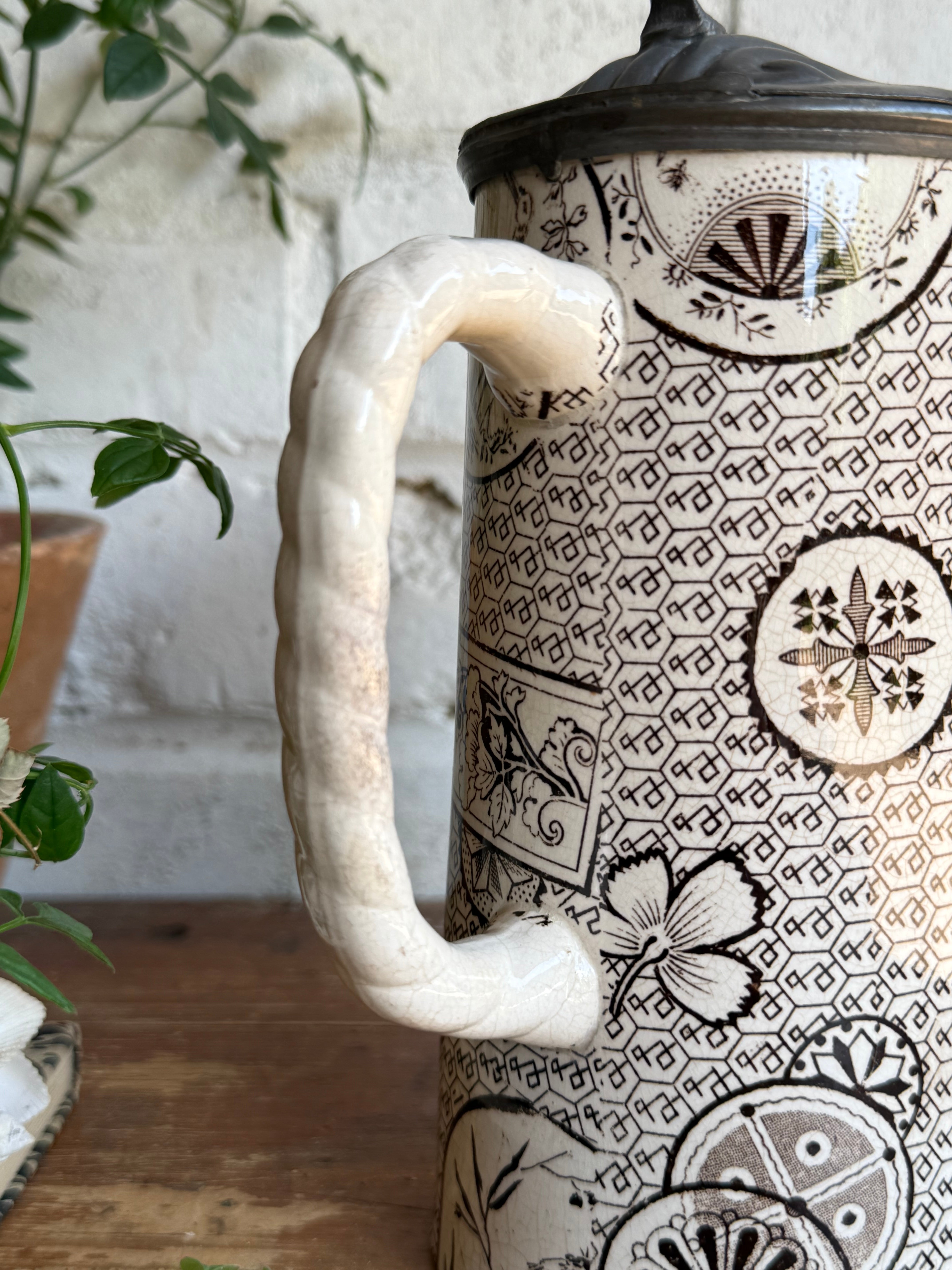 19th Century Aesthetic Movement Hot Water Pitcher with Pewter Lid