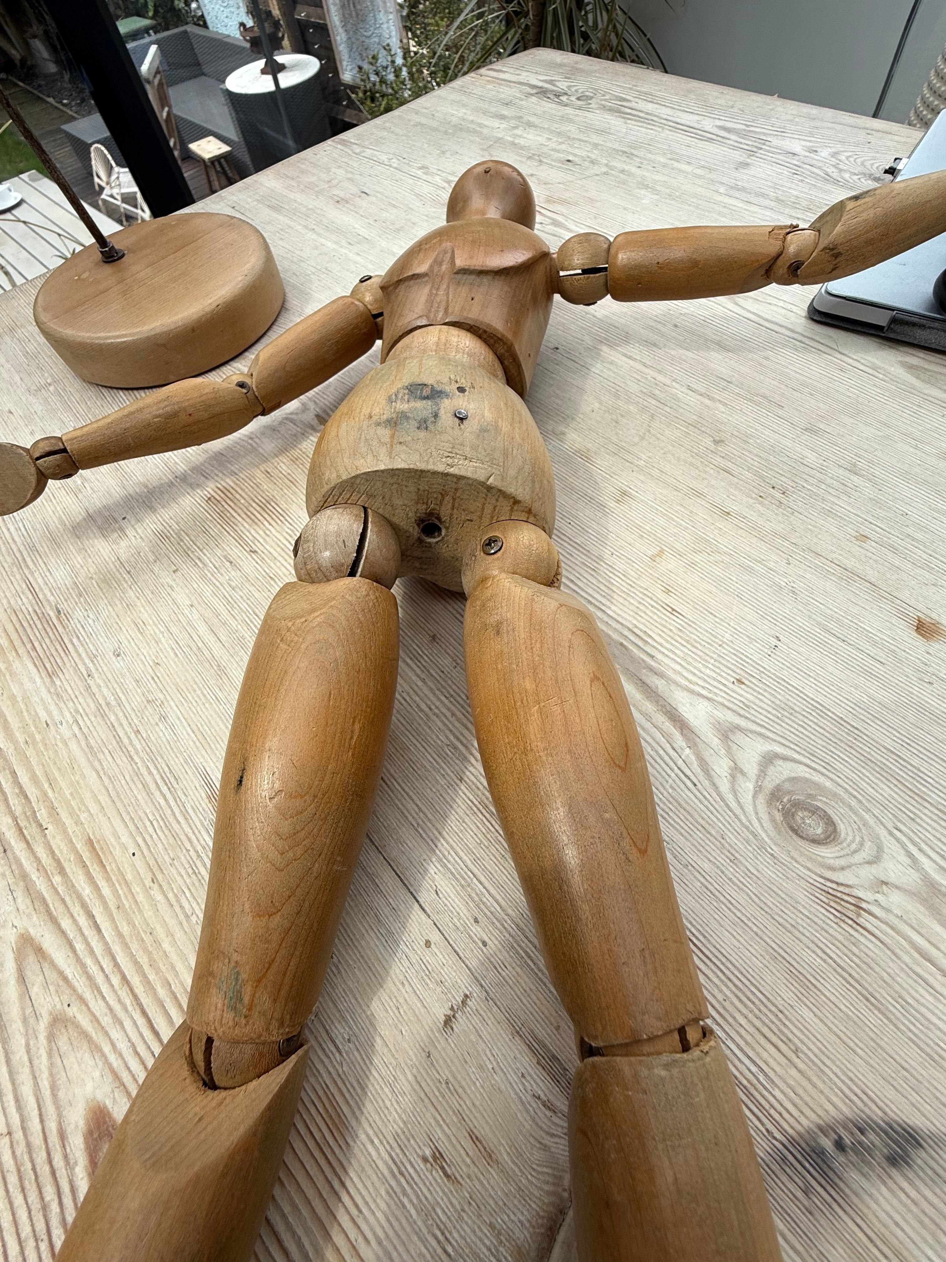 Early-Mid 20th Century French Wooden Oversized Articulated Artists Mannequin with Stand