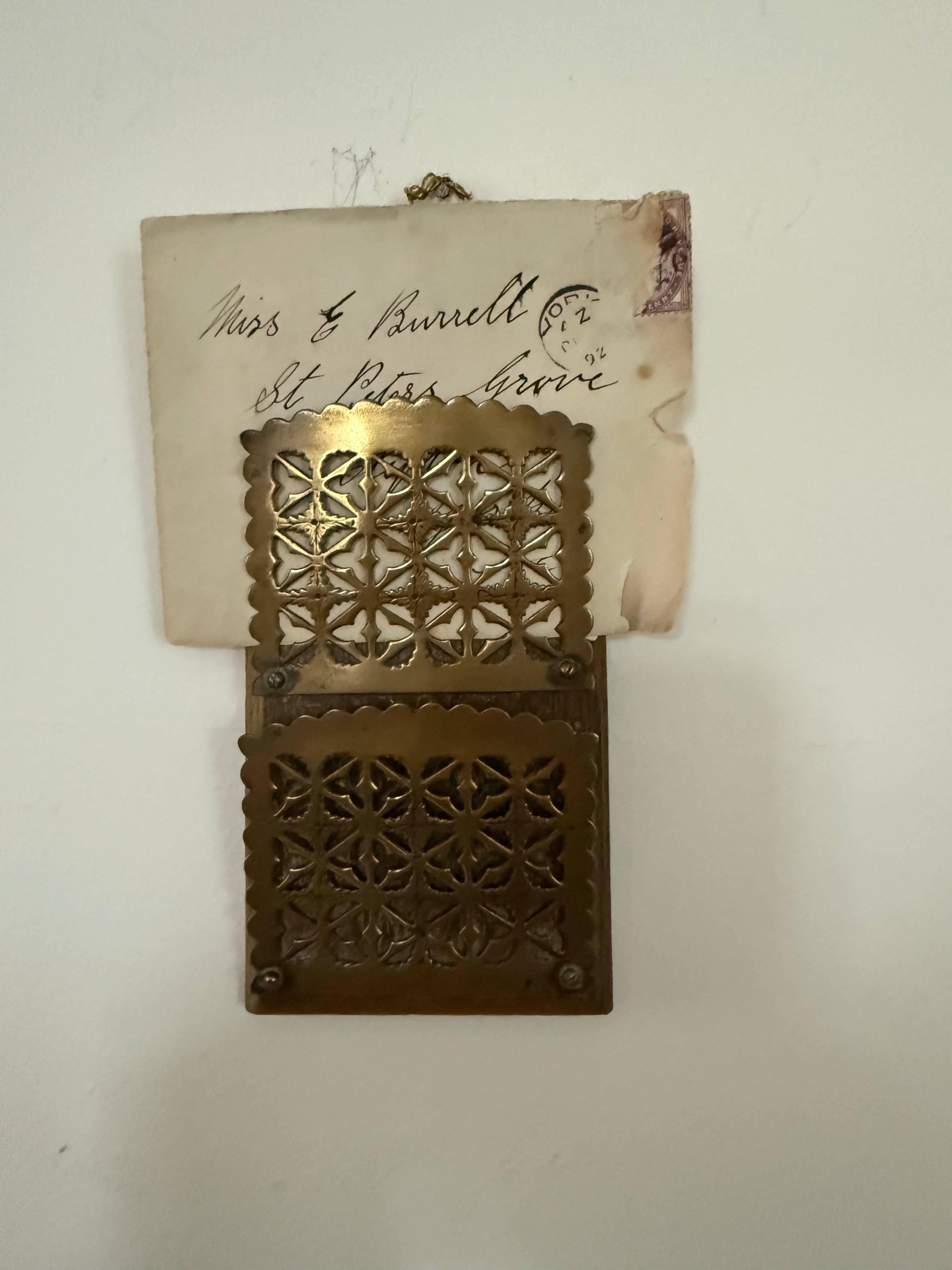 Antique Oak and Brass Wall Hanging Letter Rack