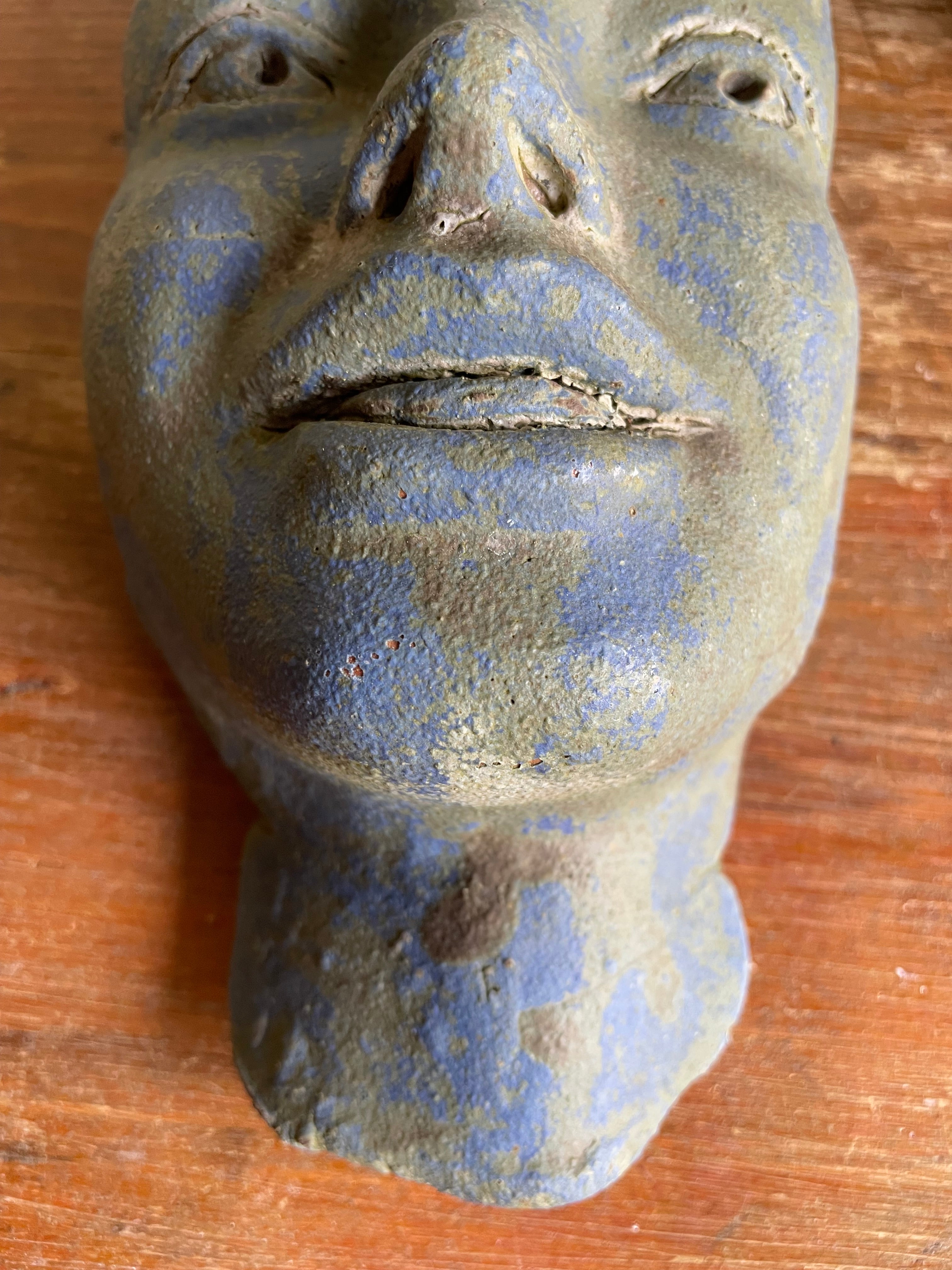Decorative Sculptural Clay Face in Blue Hues
