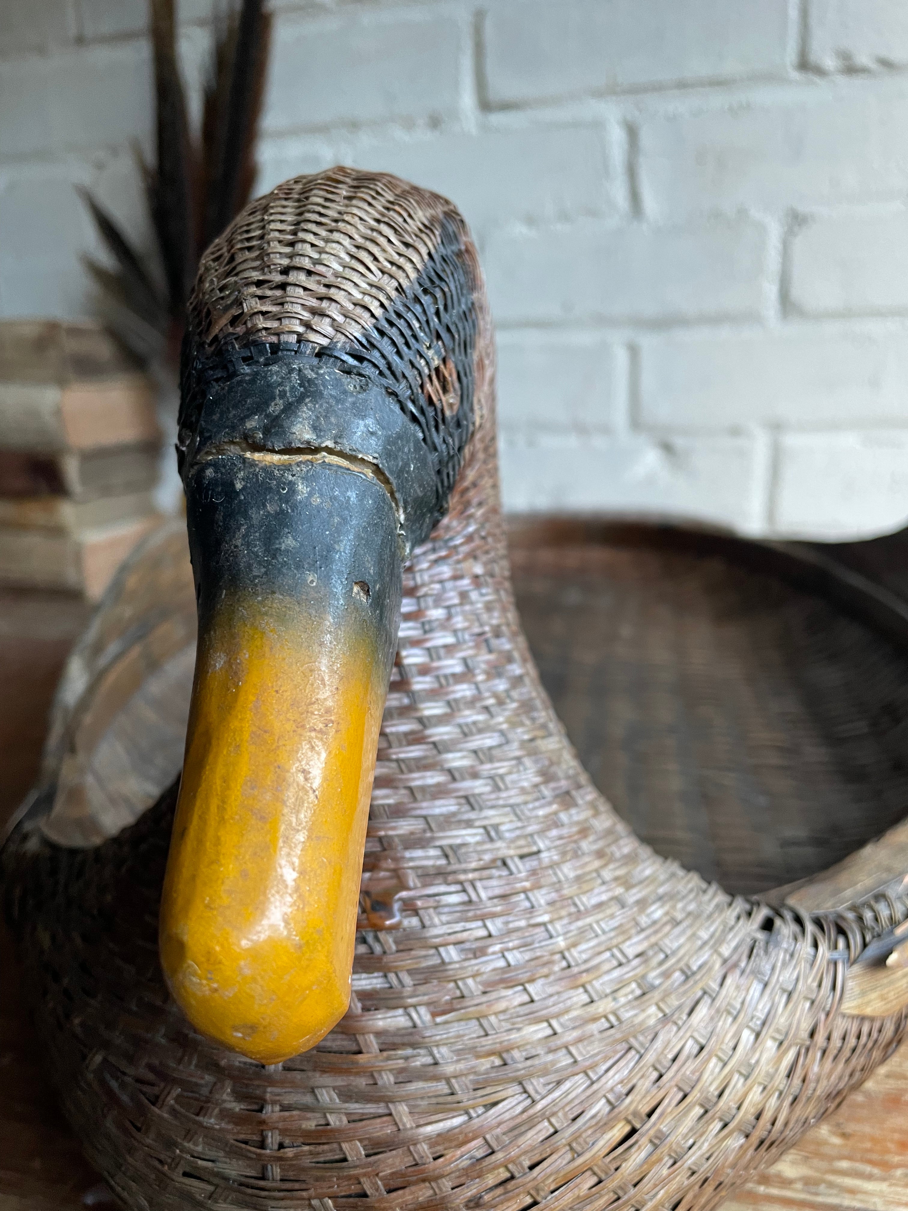 Duck-Shaped Wooden and Rattan Tray