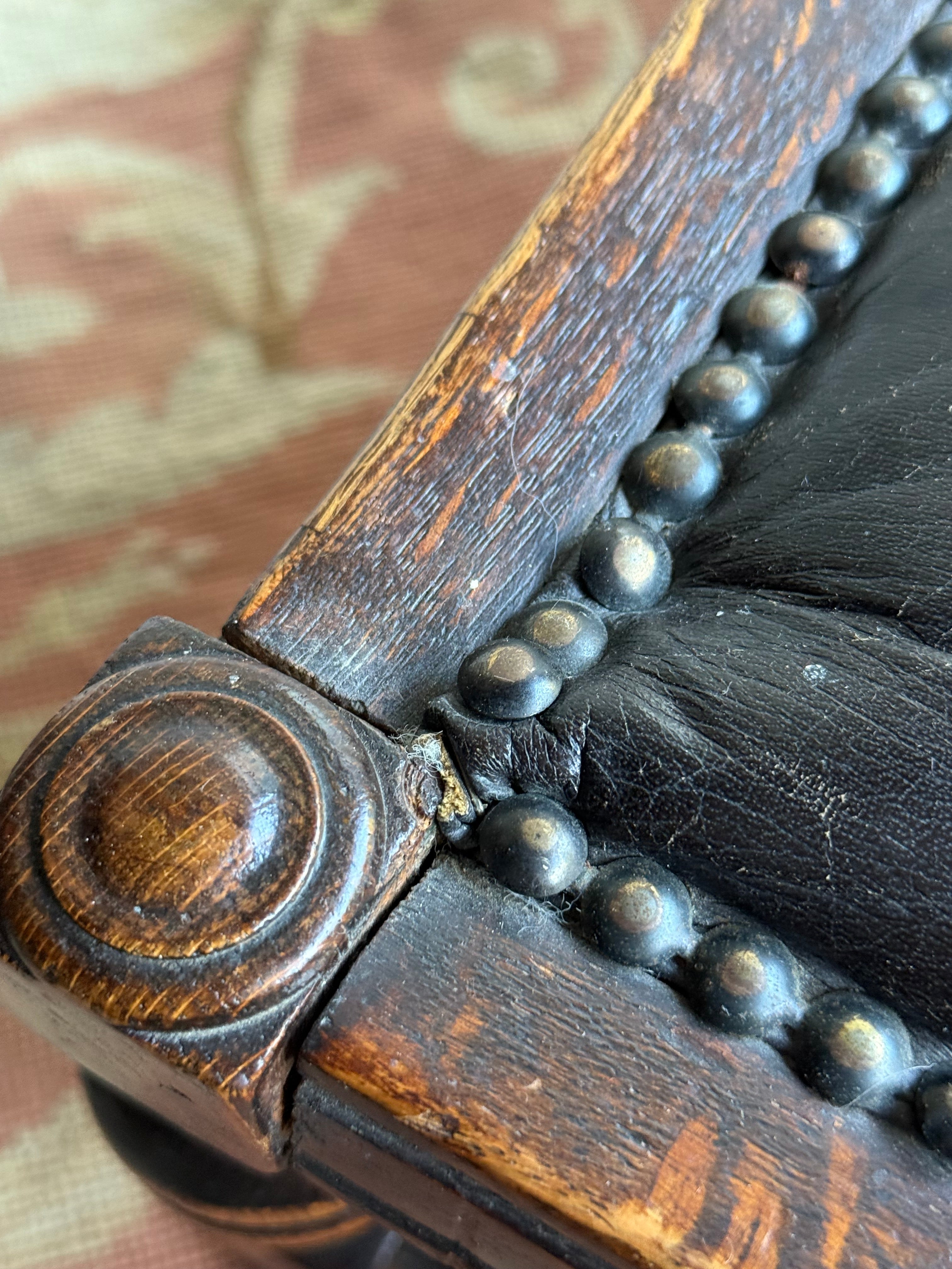 Early 1900s Edwardian Footstool with Studded Leather Seat
