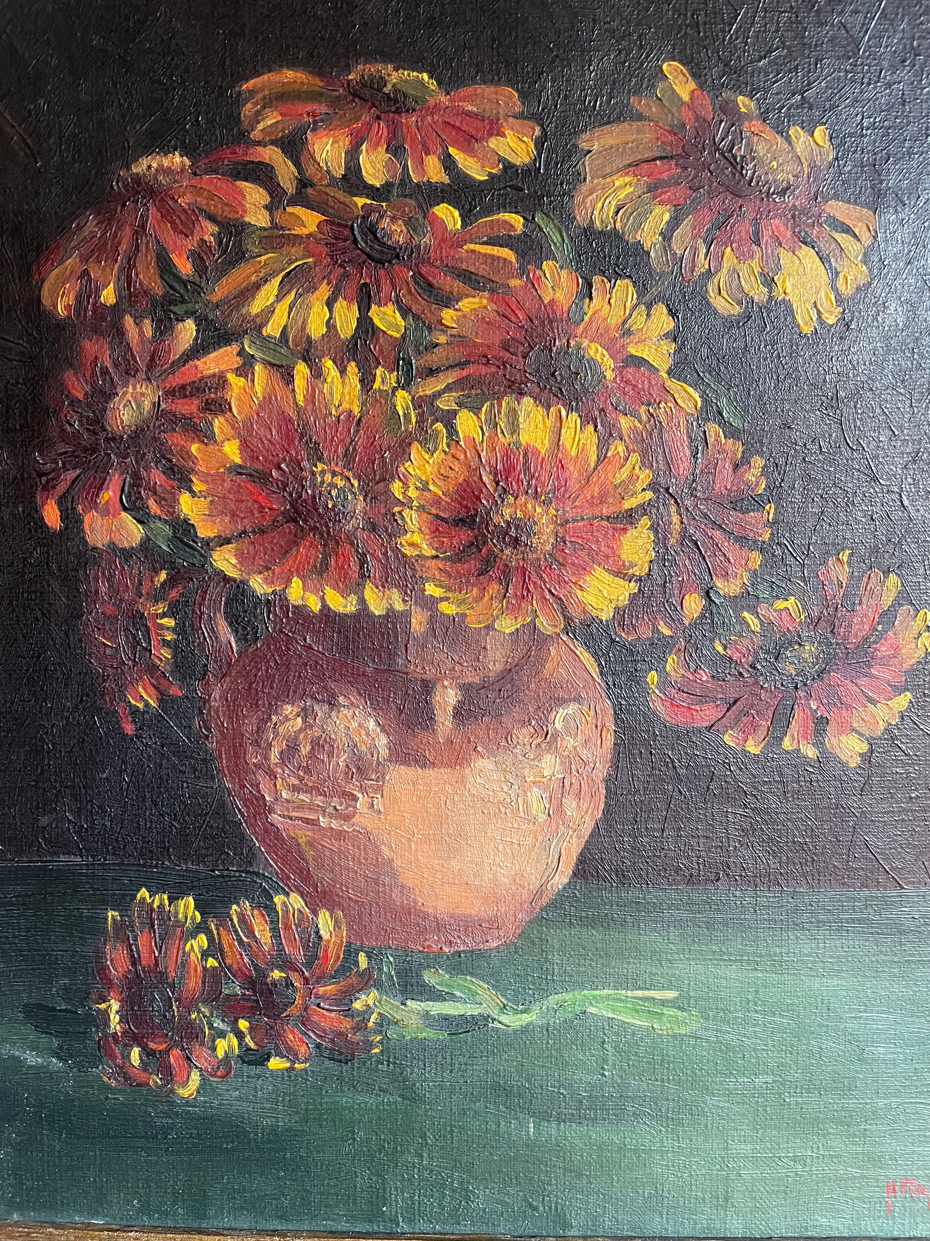 Floral Still Life: Signed & Dated 1933 Oil on Canvas with Original Gilt Frame