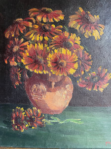 Floral Still Life: Signed & Dated 1933 Oil on Canvas with Original Gilt Frame