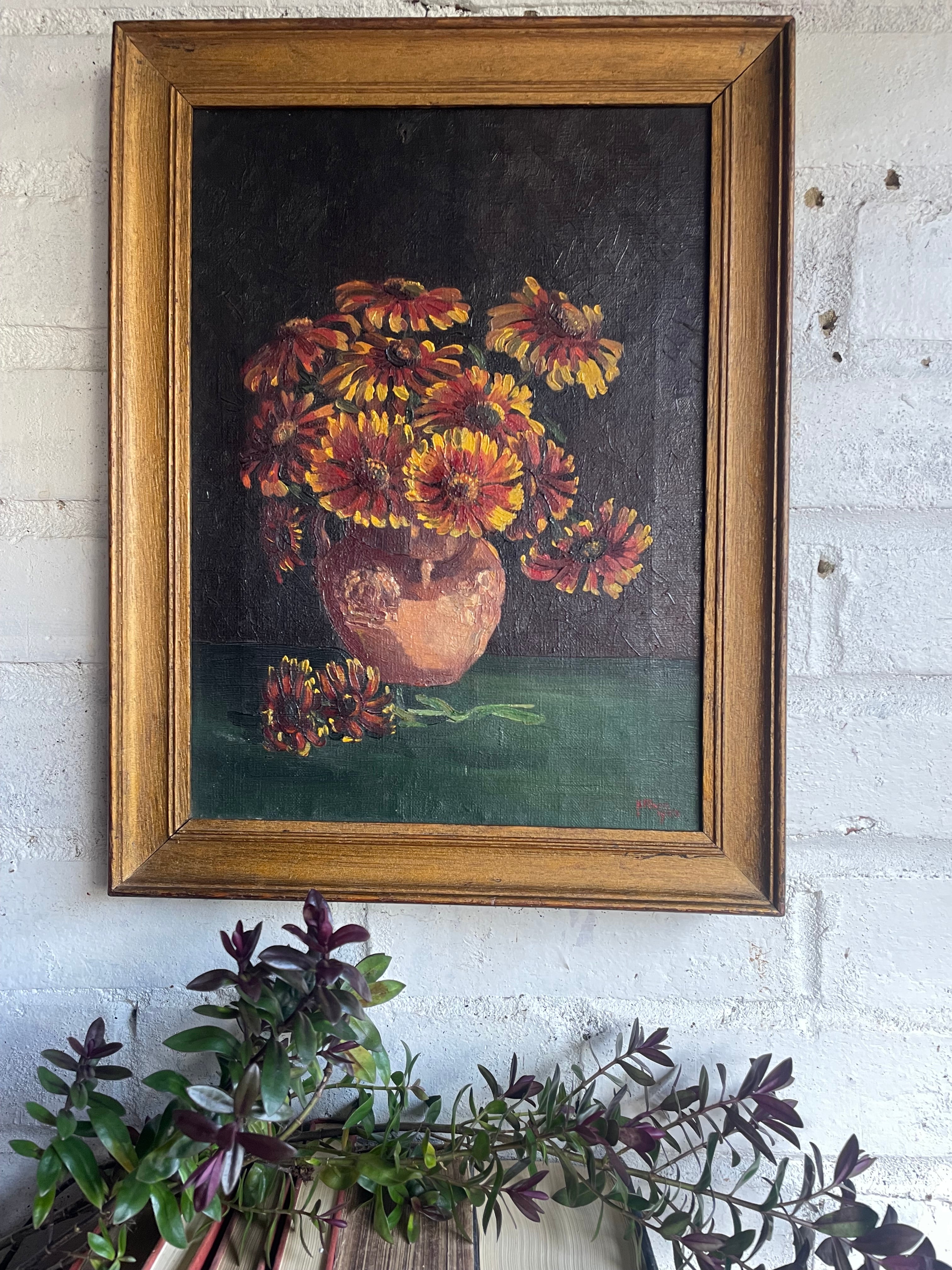 Floral Still Life: Signed & Dated 1933 Oil on Canvas with Original Gilt Frame