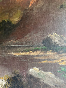 Large Signed 1918 Scottish Landscape Oil on Canvas : “Mountains, Cattle & Lake”