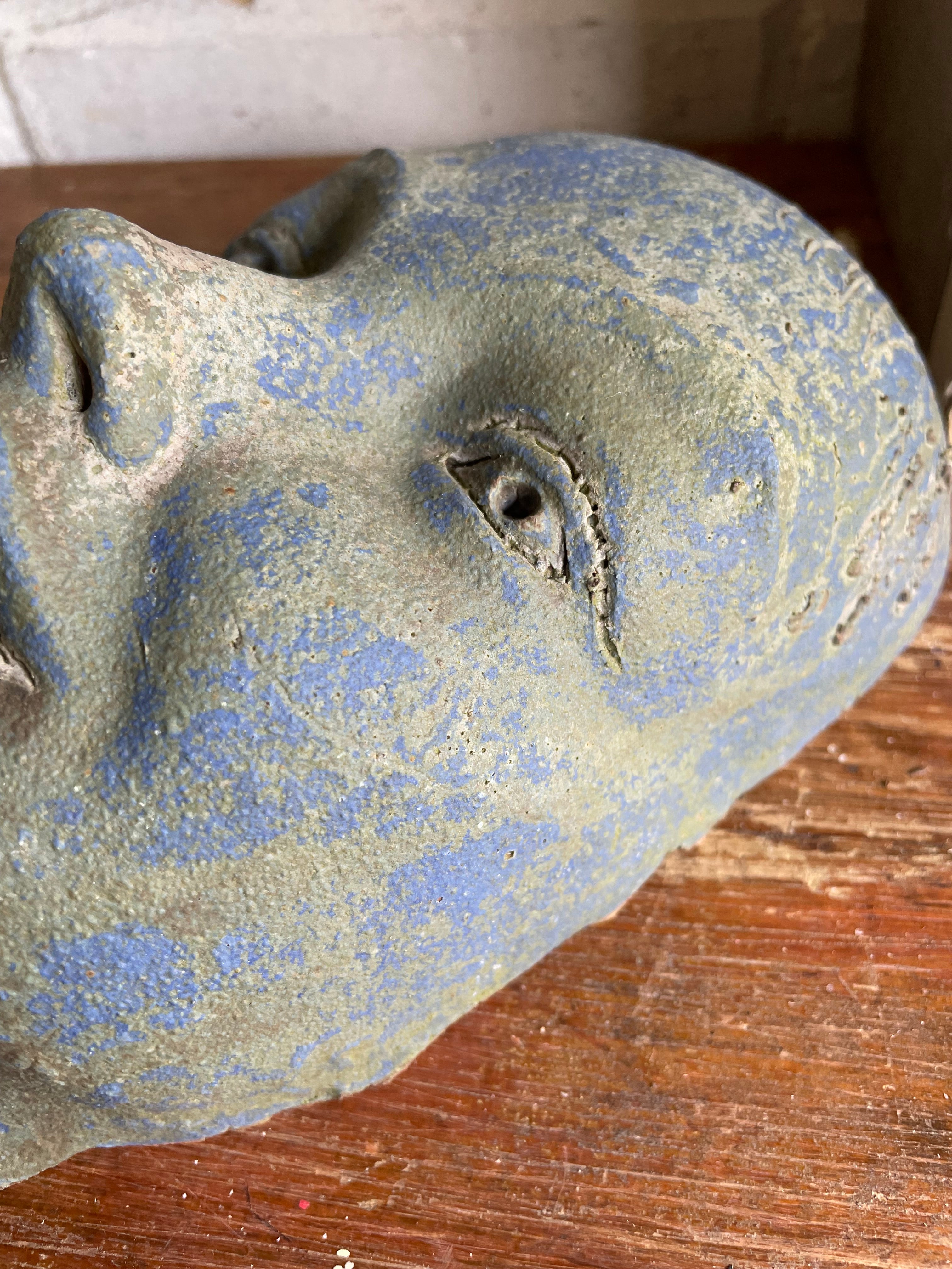 Decorative Sculptural Clay Face in Blue Hues